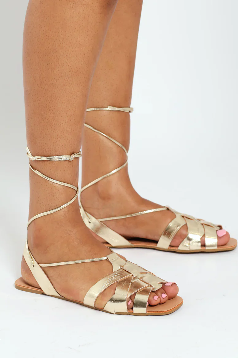 Flat Caged Sandal With Ankle Tie - Gold - Image 4