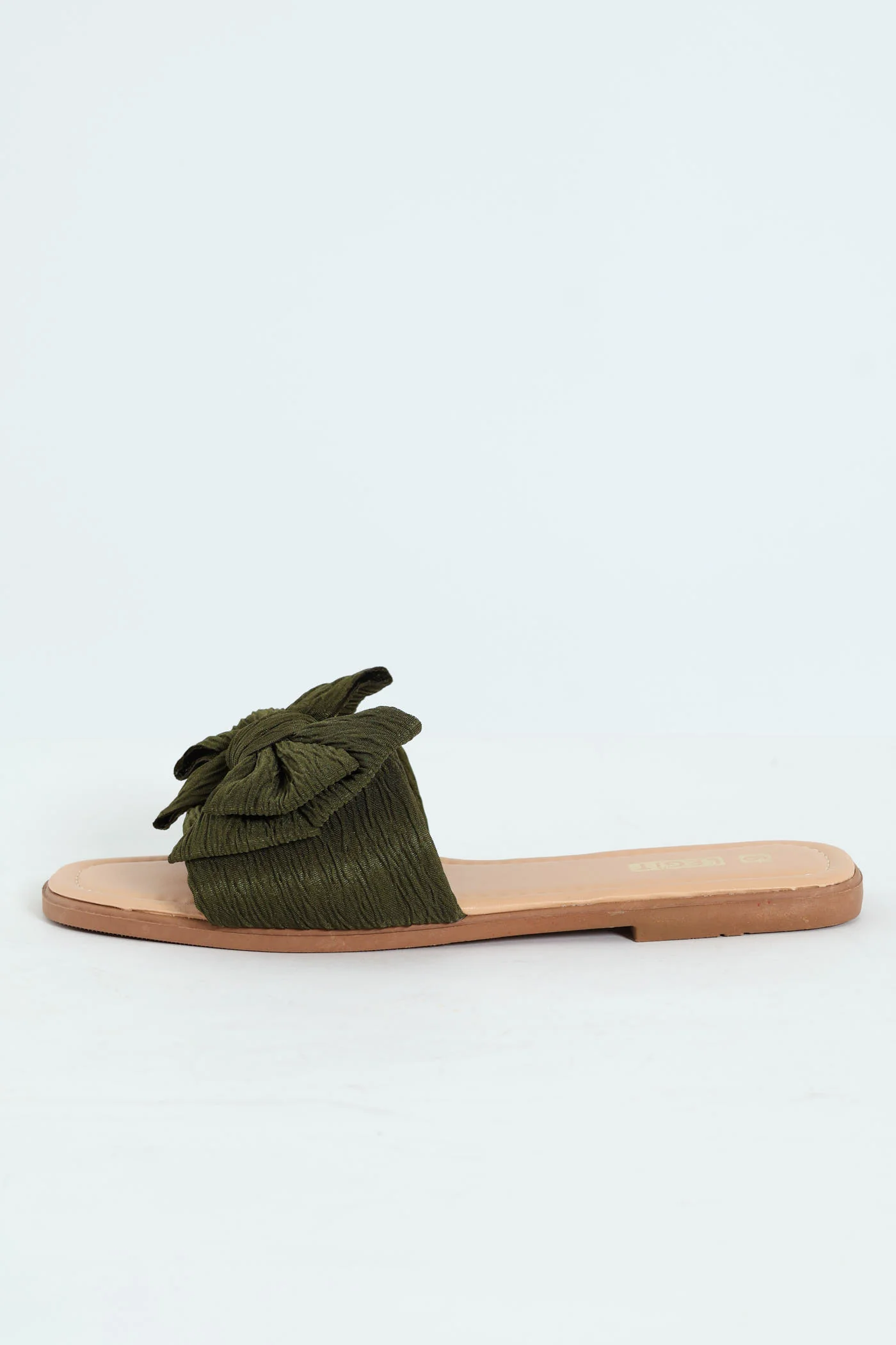 Flat Crinkle Fabric Bow Push In Mule Sandal - Fatigue