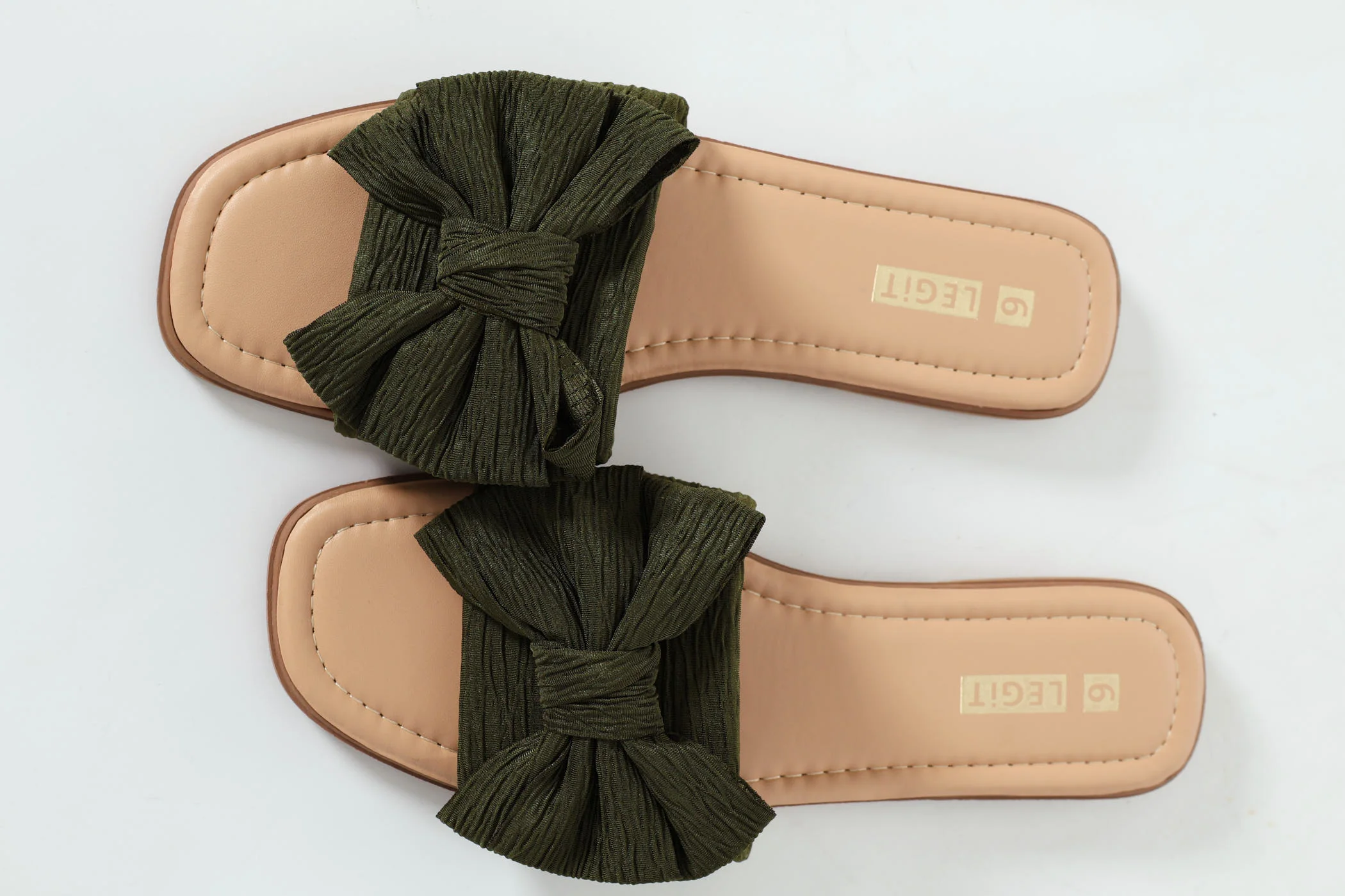Flat Crinkle Fabric Bow Push In Mule Sandal - Fatigue - Image 3