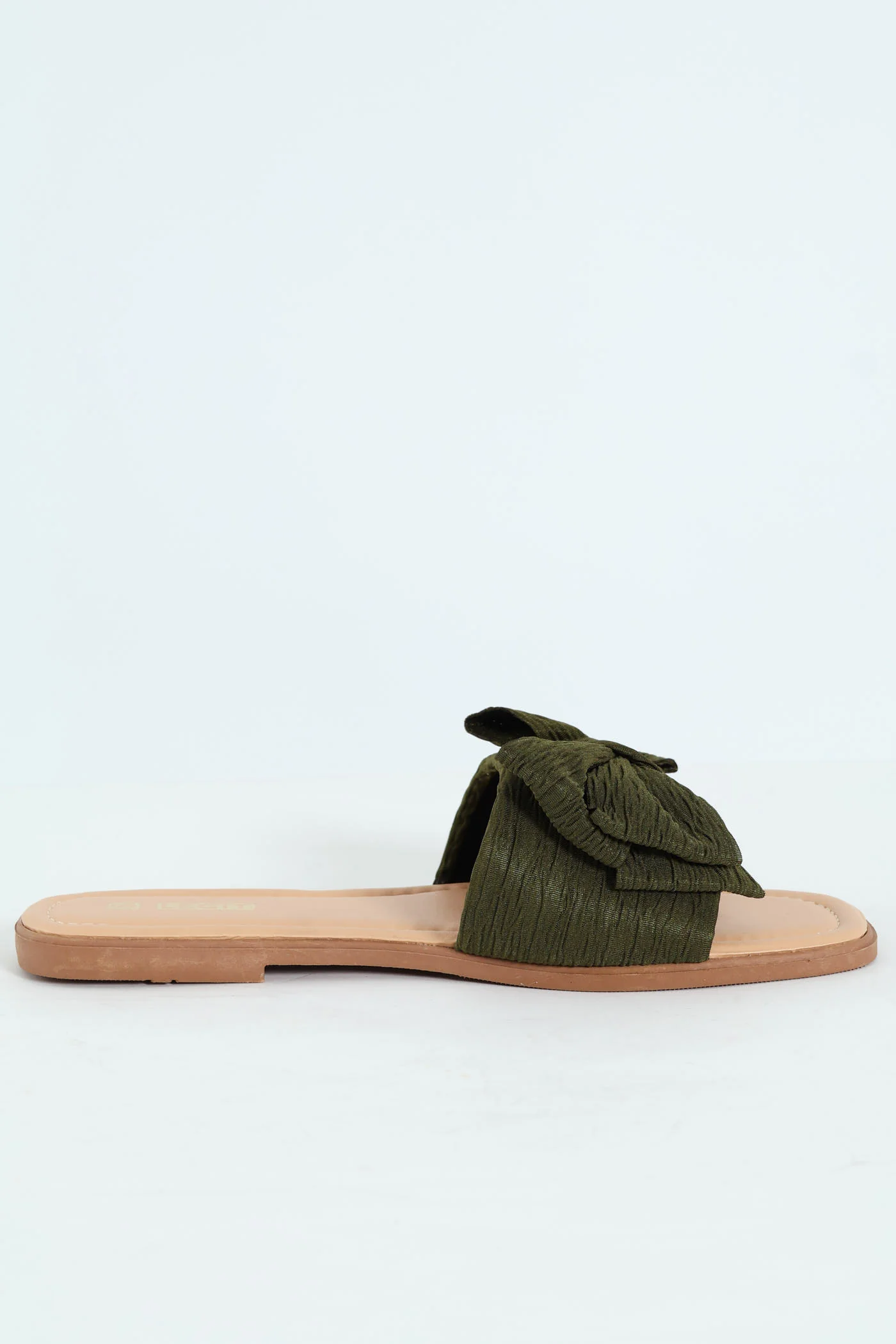 Flat Crinkle Fabric Bow Push In Mule Sandal - Fatigue - Image 4