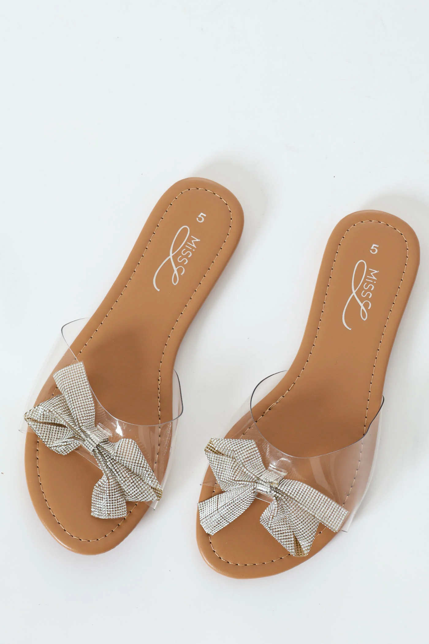 Flat Diamante Bow Vinyl One Strap Sandal - Clear