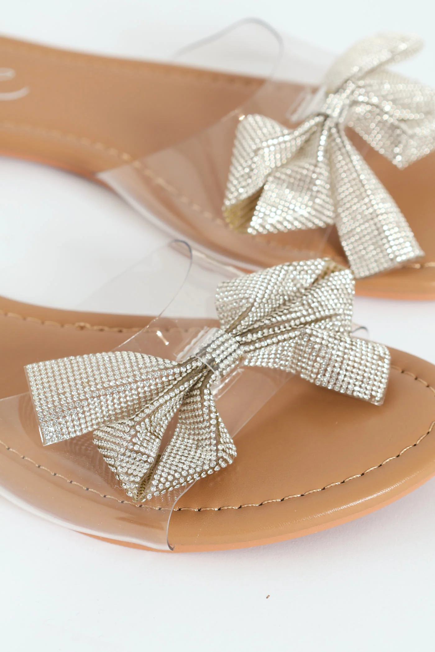 Flat Diamante Bow Vinyl One Strap Sandal - Clear - Image 2