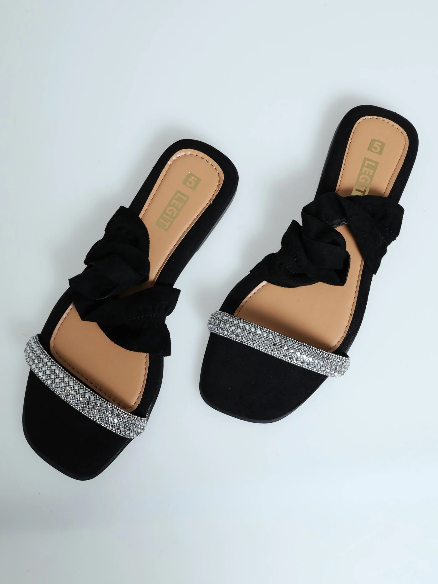 Flat Double Frill & Diamante Asymmetrical Sandals - Black