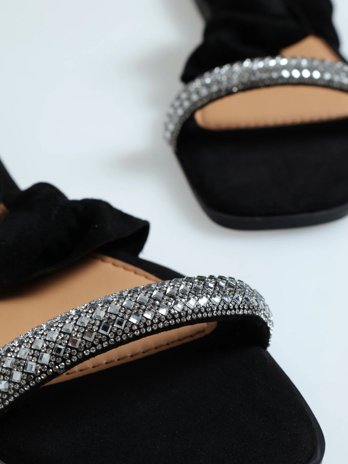 Flat Double Frill & Diamante Asymmetrical Sandals - Black - Image 2