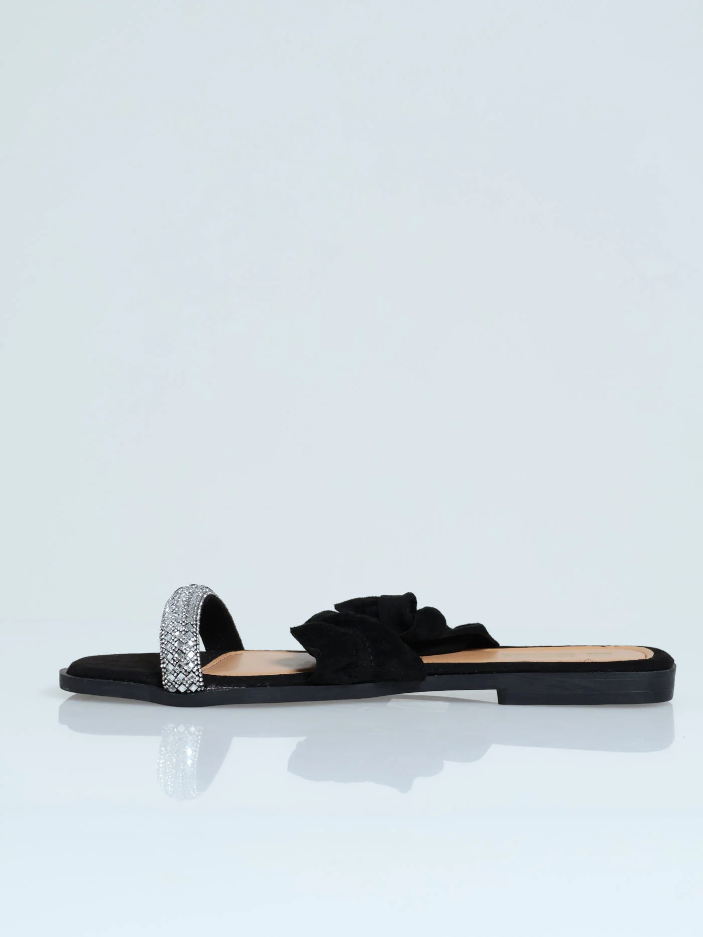 Flat Double Frill & Diamante Asymmetrical Sandals - Black - Image 3