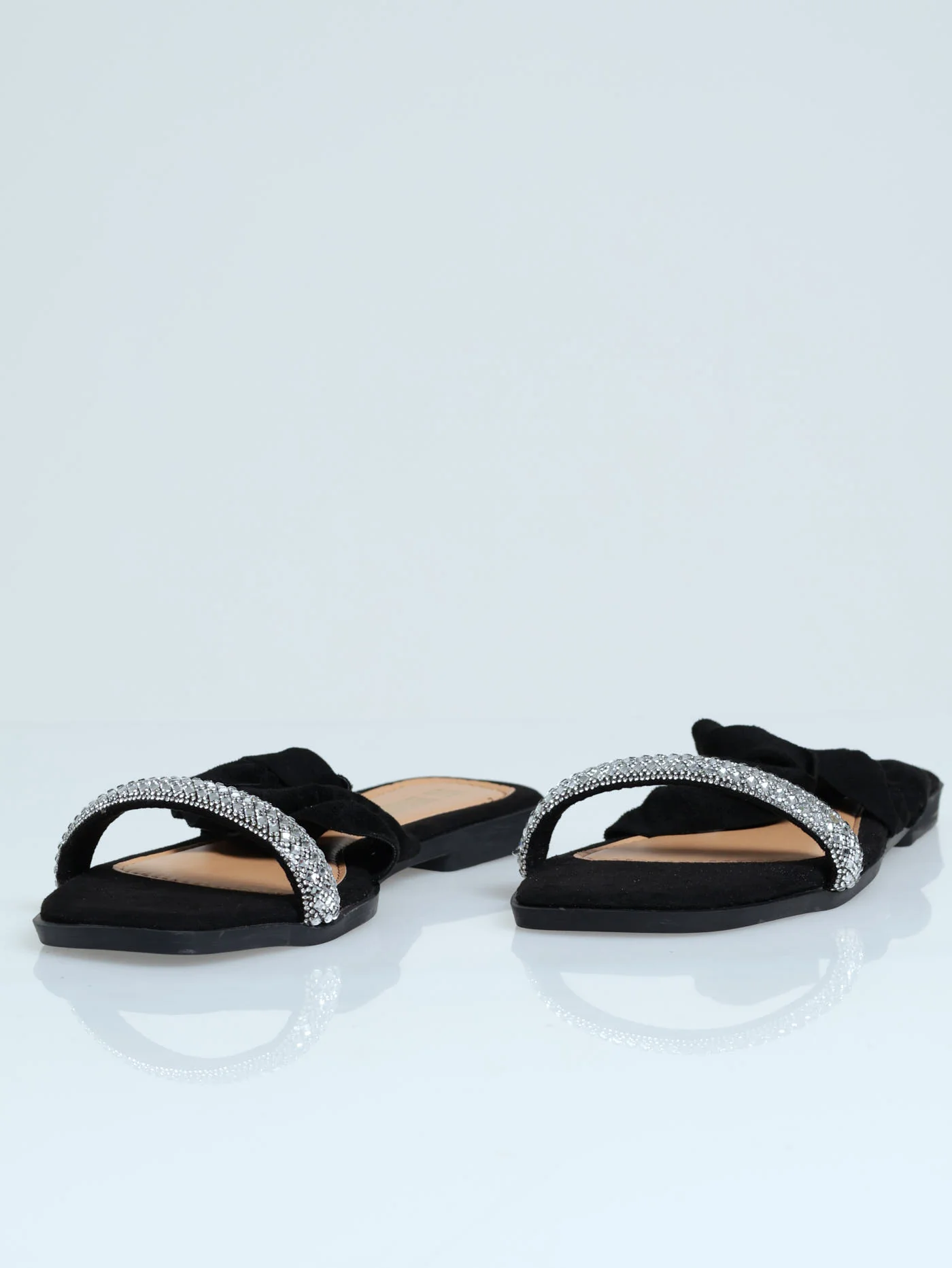 Flat Double Frill & Diamante Asymmetrical Sandals - Black - Image 4