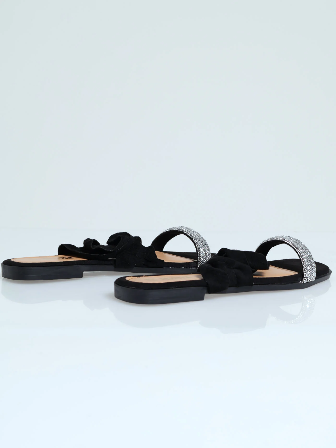 Flat Double Frill & Diamante Asymmetrical Sandals - Black - Image 5