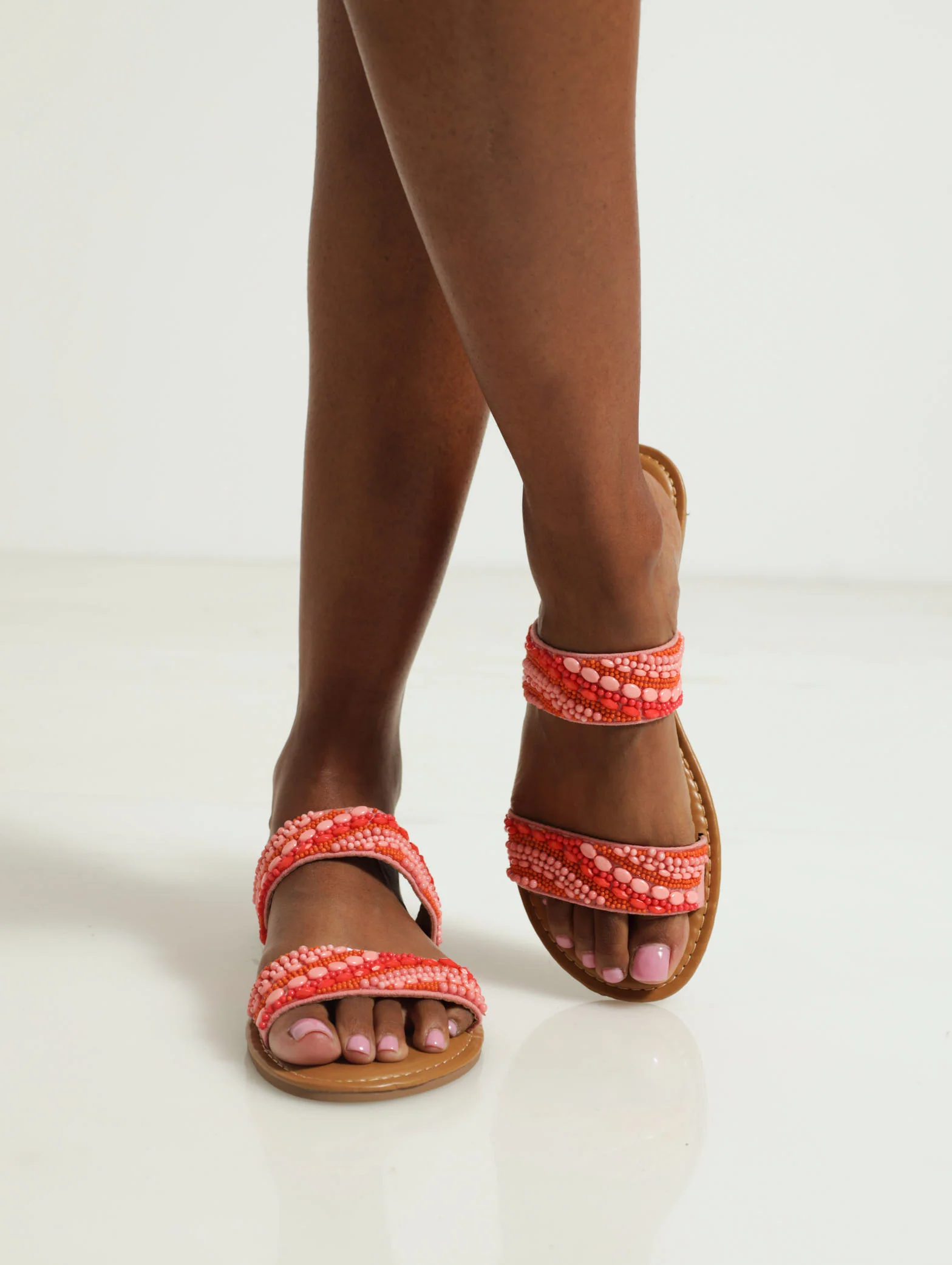 Flat Double Strap Beaded Push In Mule Sandal