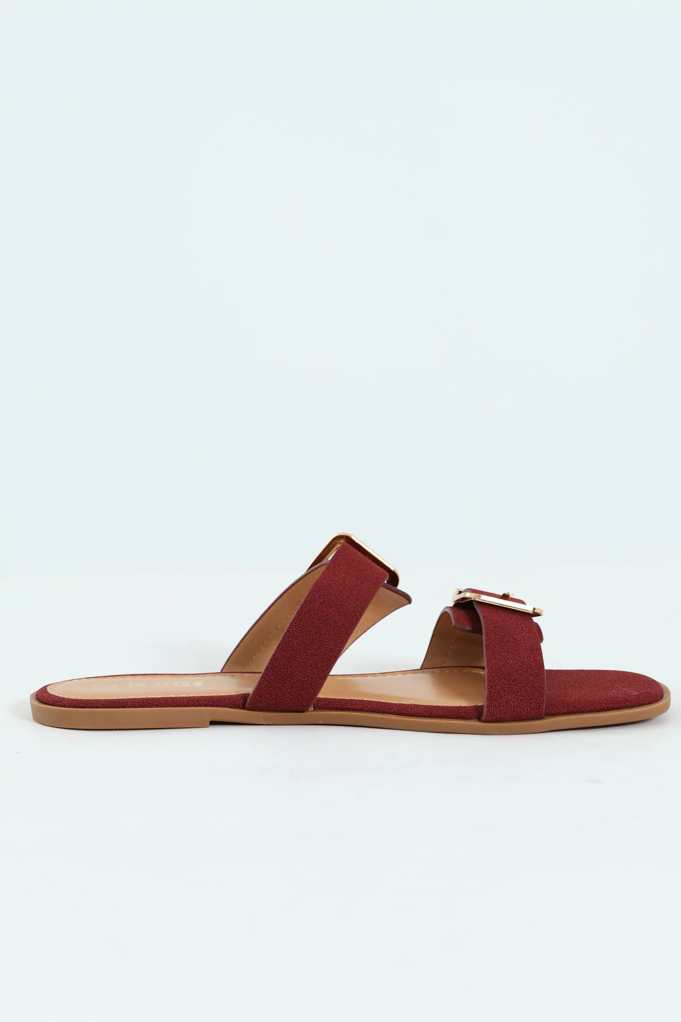 Flat Double Strap Buckle Mule Sandal - Maroon - Image 2