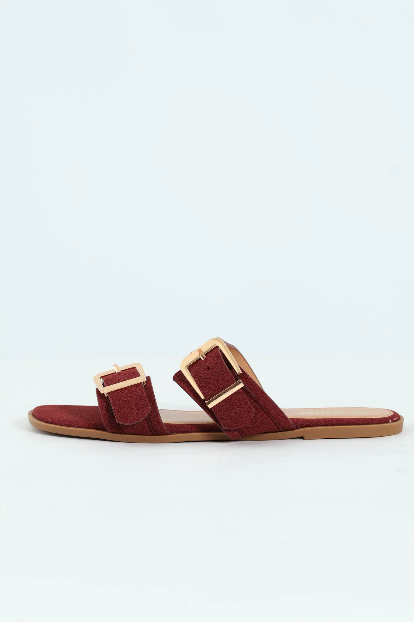Flat Double Strap Buckle Mule Sandal - Maroon - Image 3