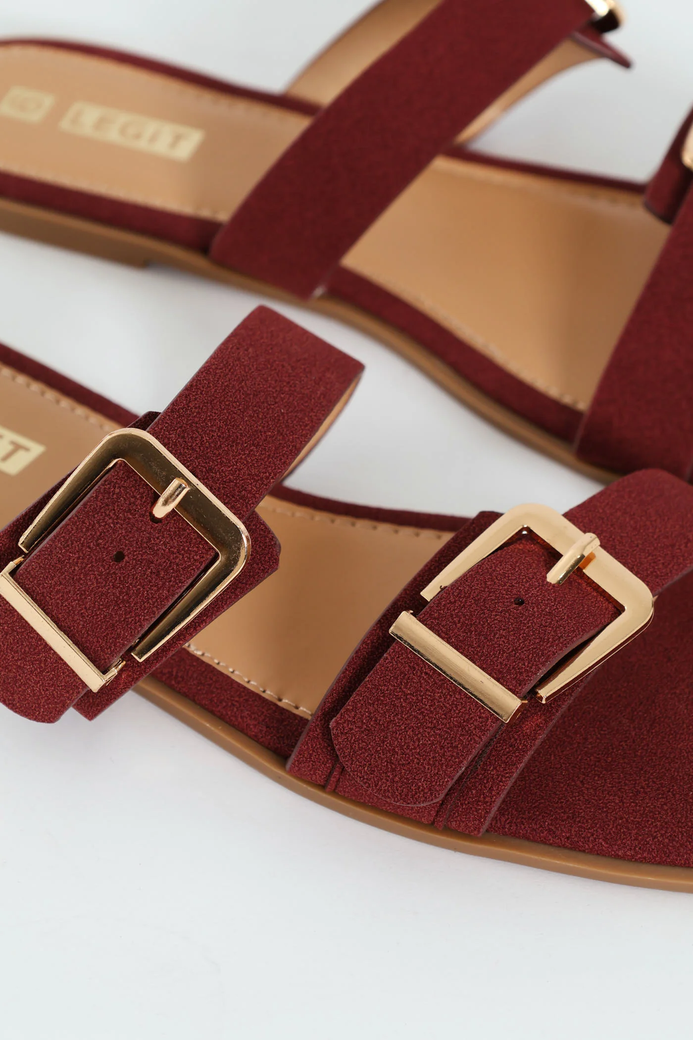 Flat Double Strap Buckle Mule Sandal - Maroon - Image 4