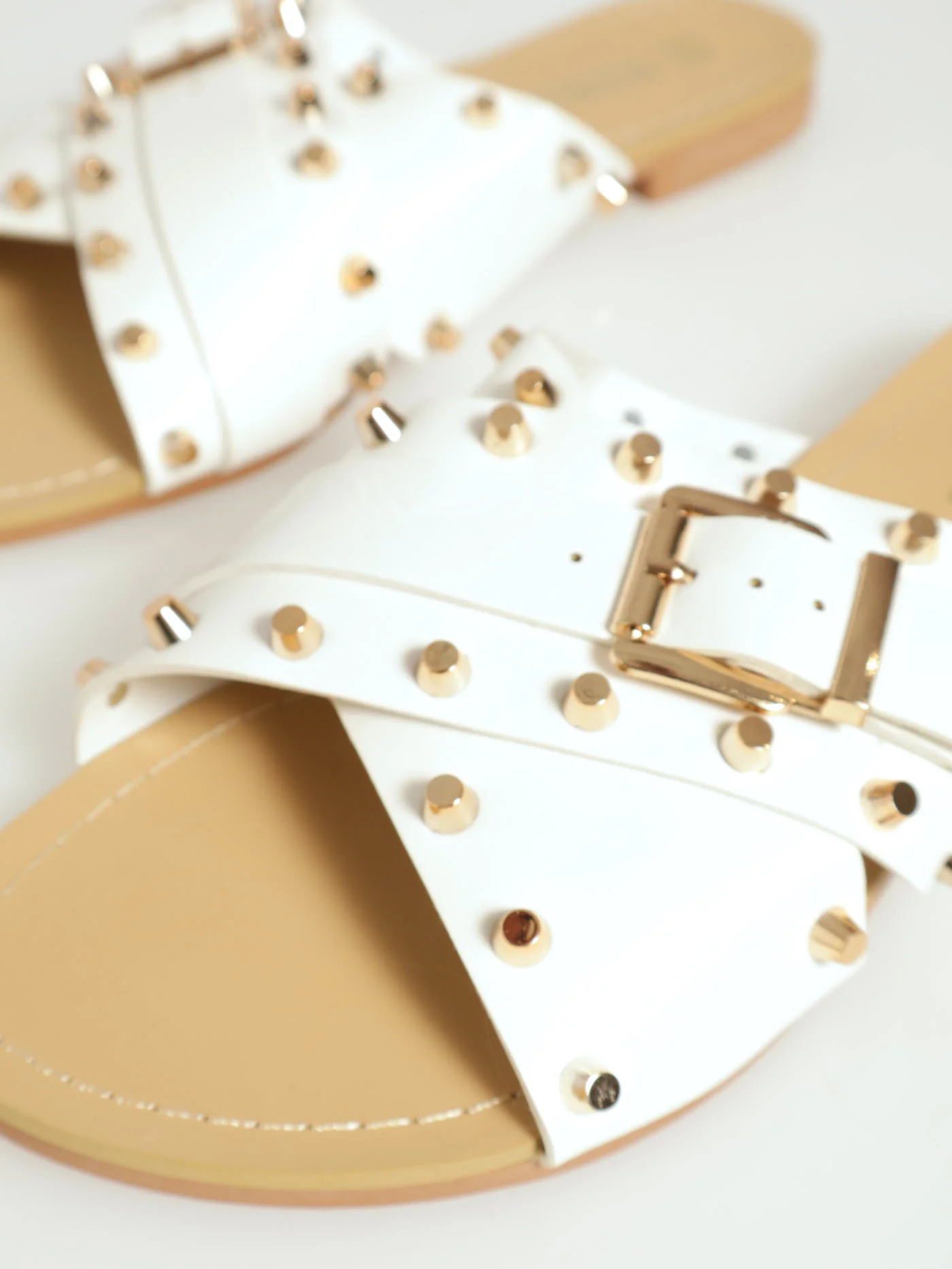 Flat Double Strap Criss-Cross Studded Push In Sandal - White - Image 3