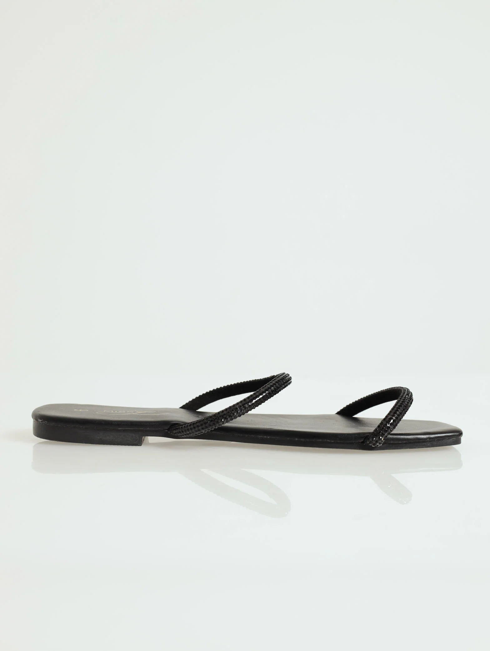 Flat Double Strap Diamante Push In Mule Sandal - Black - Image 3