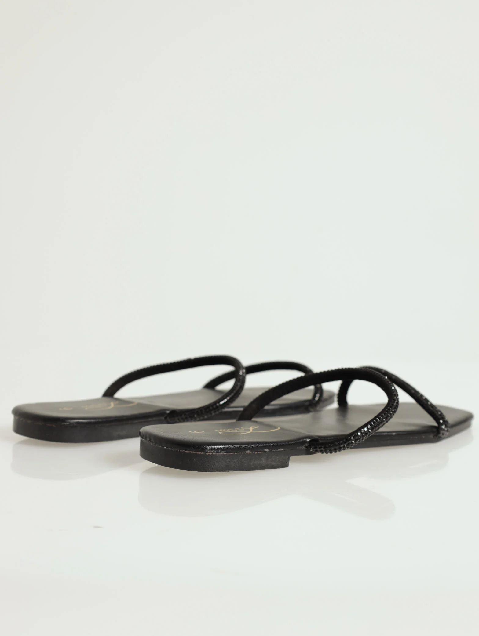 Flat Double Strap Diamante Push In Mule Sandal - Black - Image 4