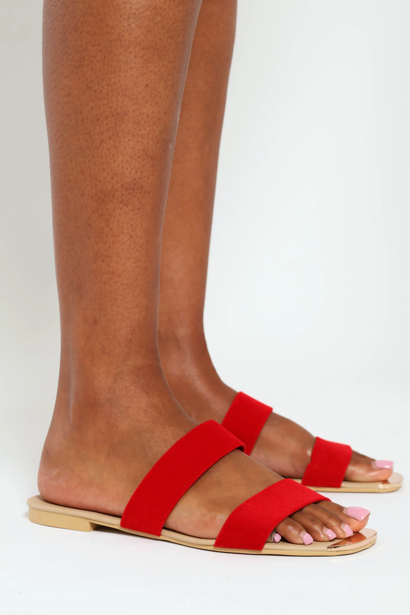 Flat Double Strap Gold Toe Cap Mule Sandal - Red - Image 3