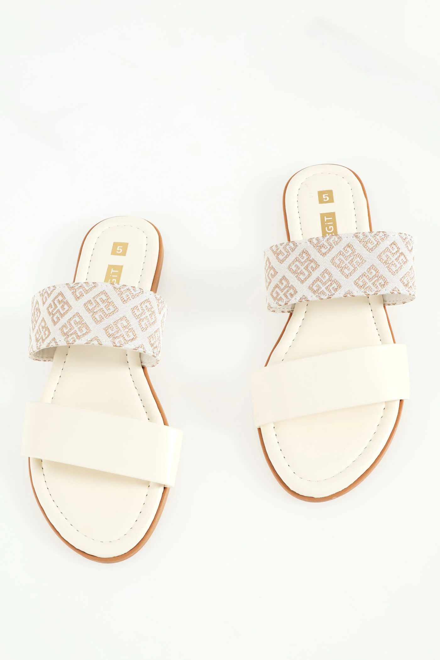 Flat Double Strap Printed Mule With Embellishments - White