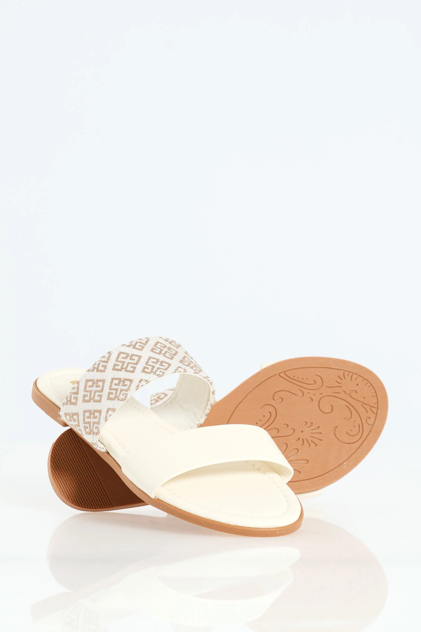 Flat Double Strap Printed Mule With Embellishments - White - Image 4