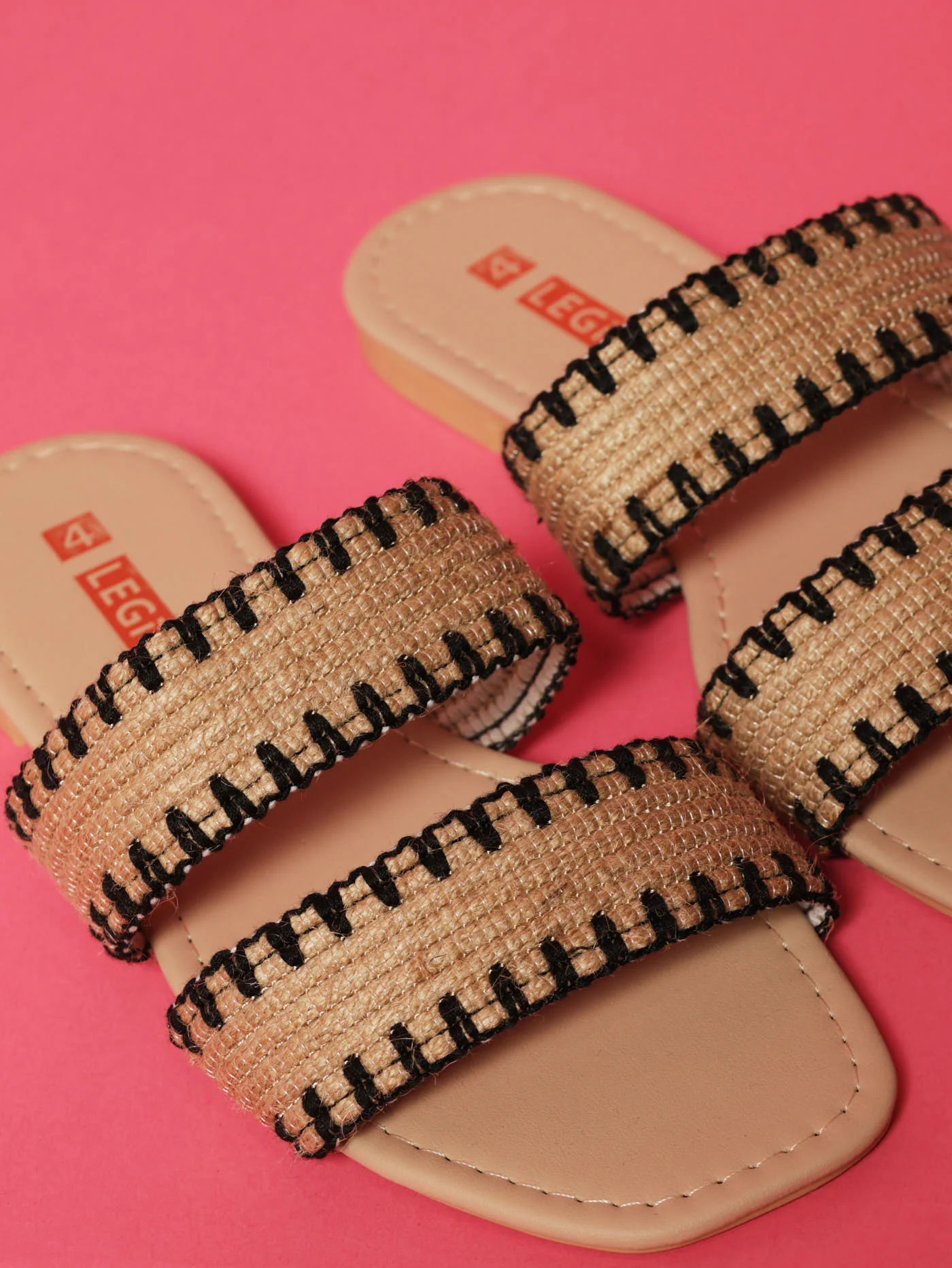 Flat Double Strap Raffia Whip Stitch Mule Sandal - Beige