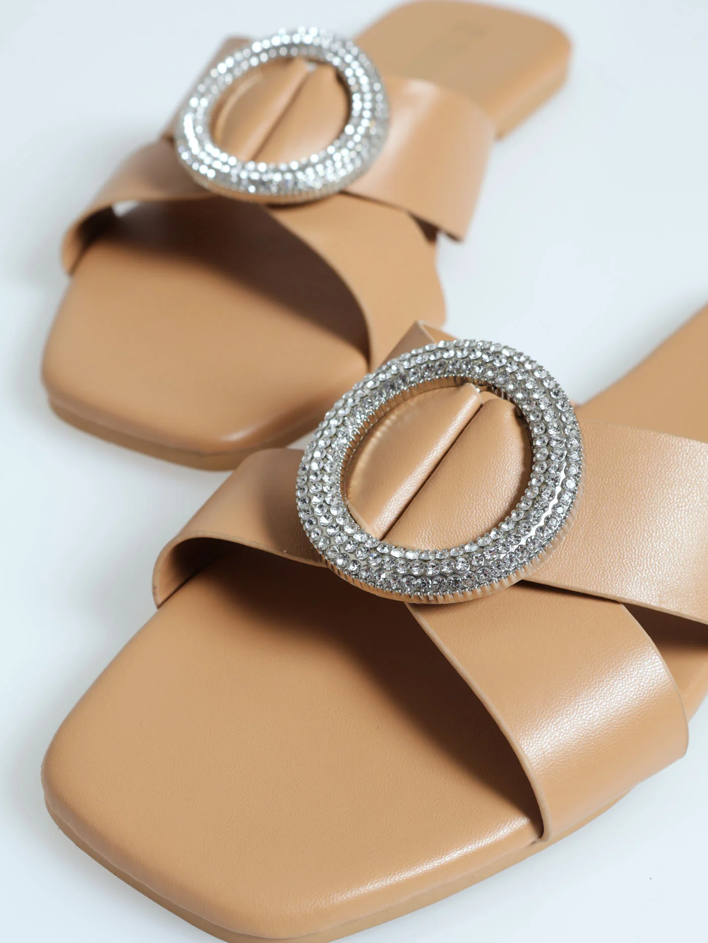 Flat Double Strap Round Diamante Centered Mule Sandal - Beige - Image 3