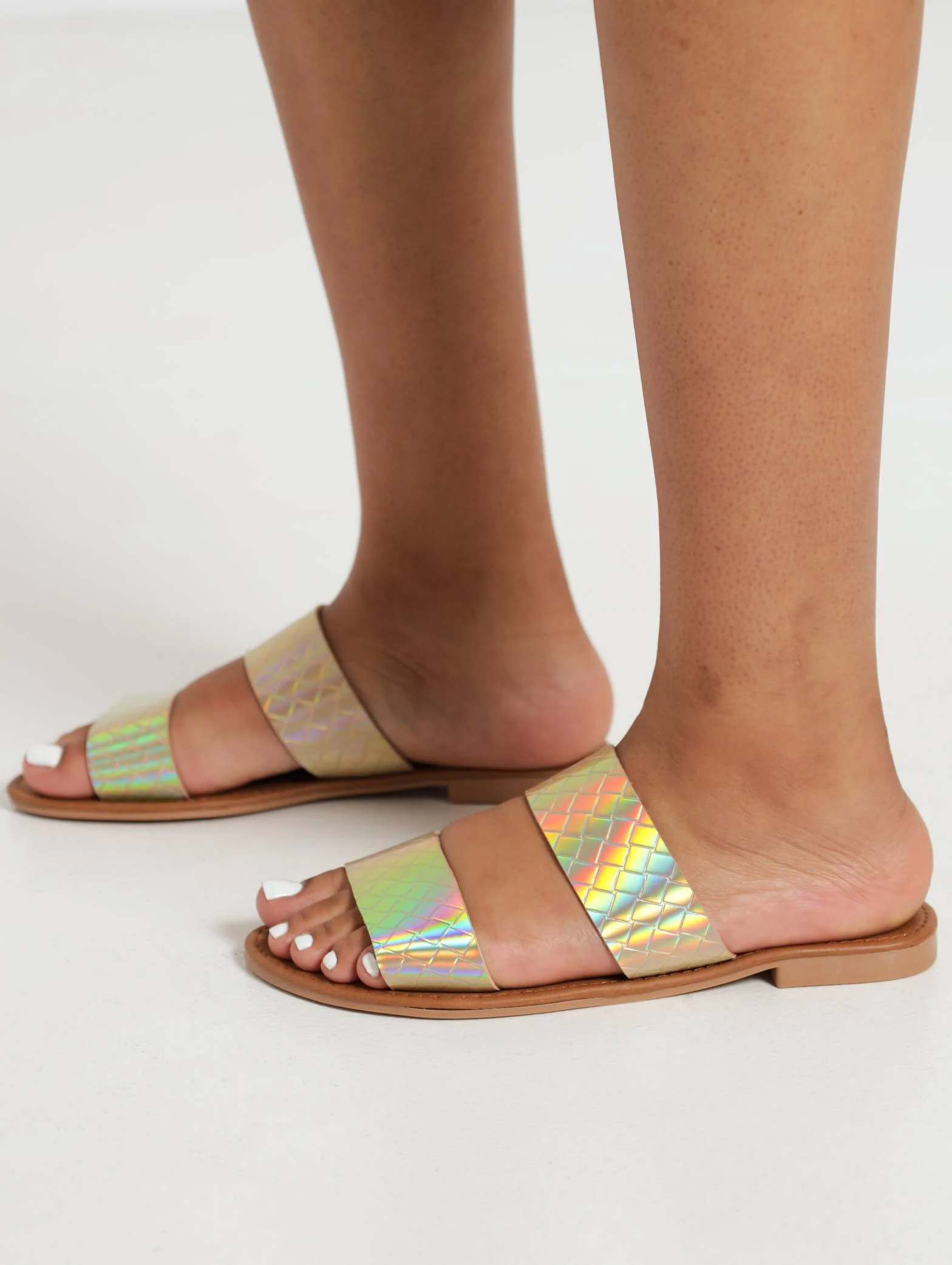Flat Double Strap Metallic Push In Sandal