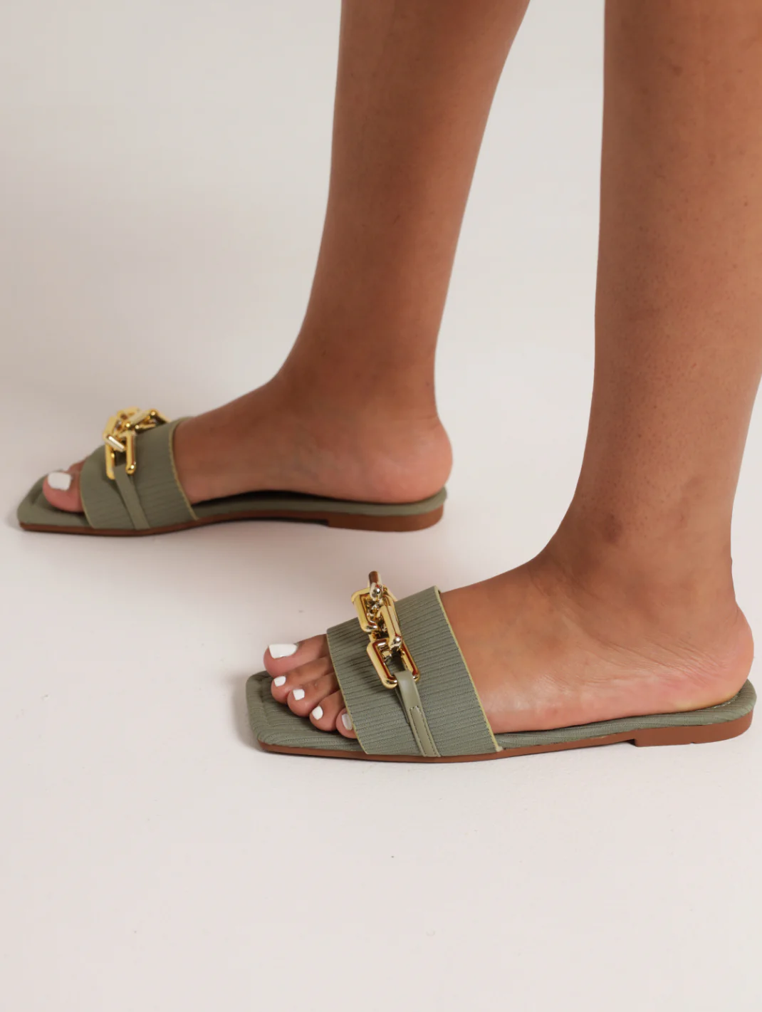 Flat Knitted Pushin Sandal With Chain Detail - Sage - Image 2