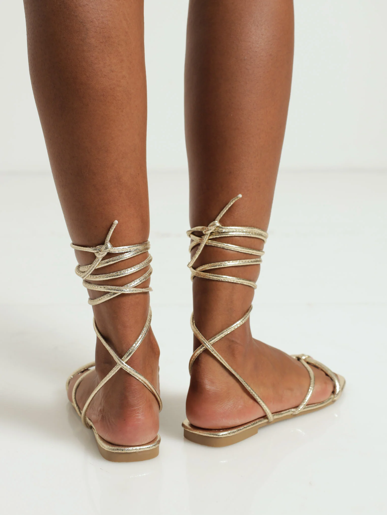 Flat Metallic Mule With Ankle Tie - Gold - Image 3