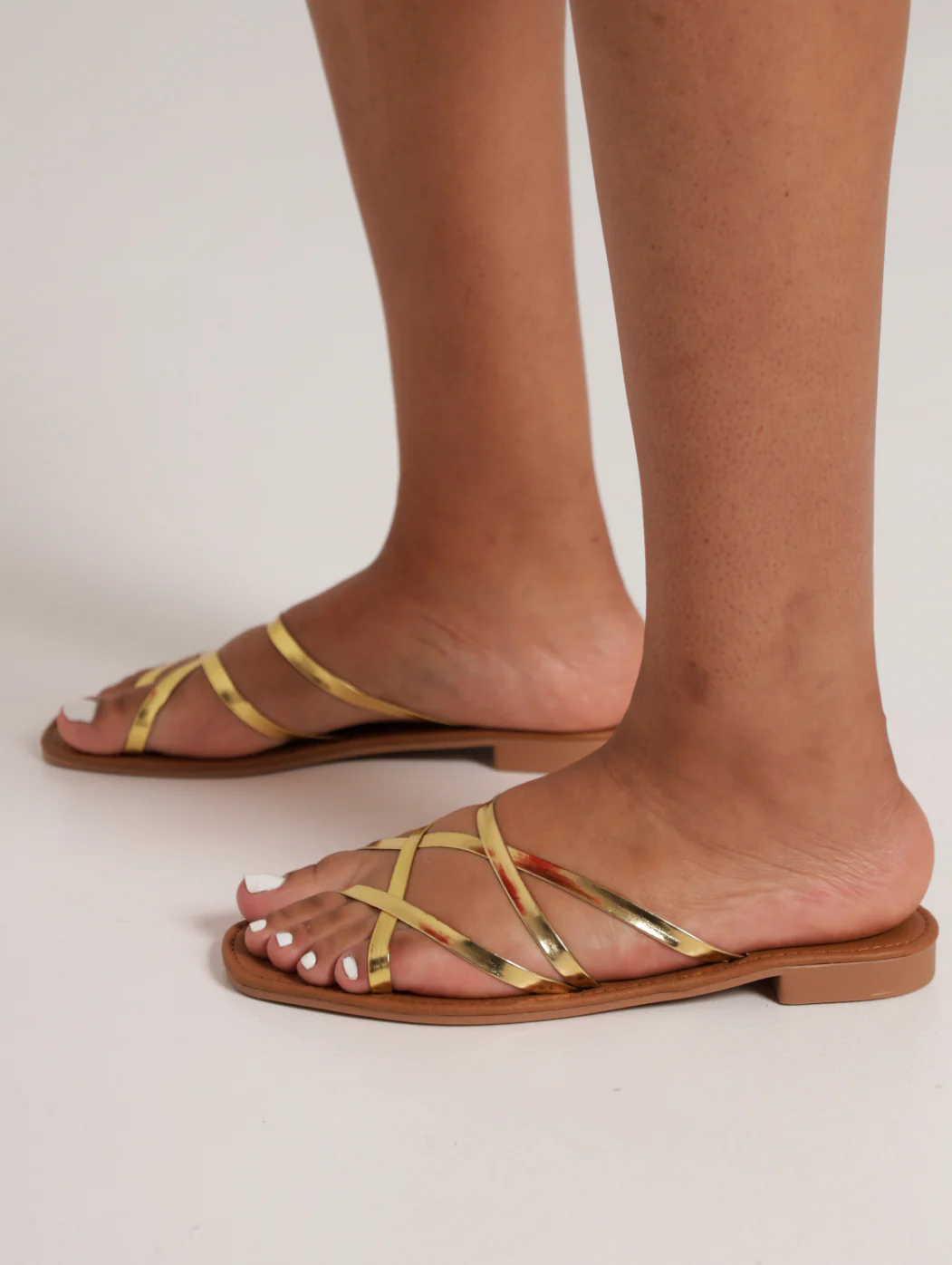 Flat Metallic Multi Strap Sandal - Gold - Image 2