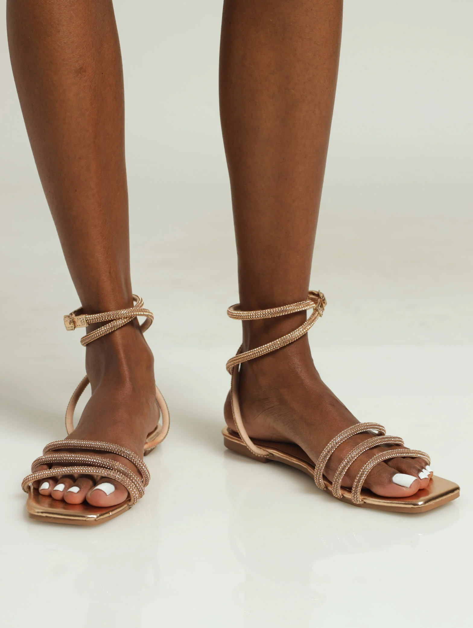 Flat Multi Strap Asymmetrical Diamante Mule Sandal - Rose Gold