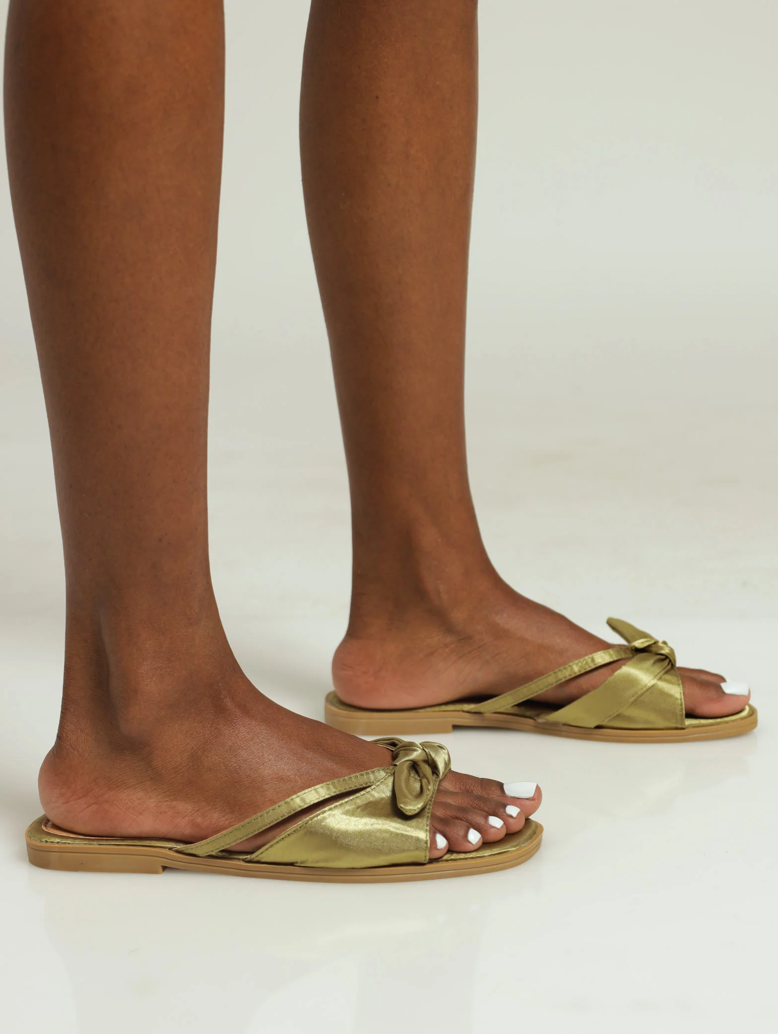 Flat Multi Strap Mock Thong Mule Sandal With Bow - Fatigue - Image 2
