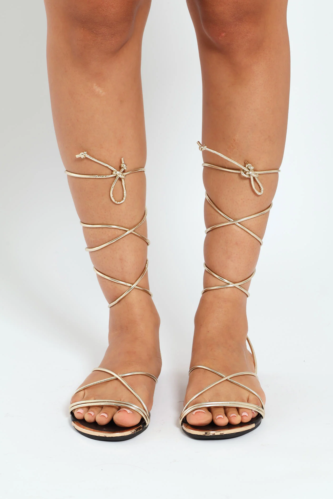 Flat Multistrap Ankle Tie Mule Sandal - Gold - Image 2