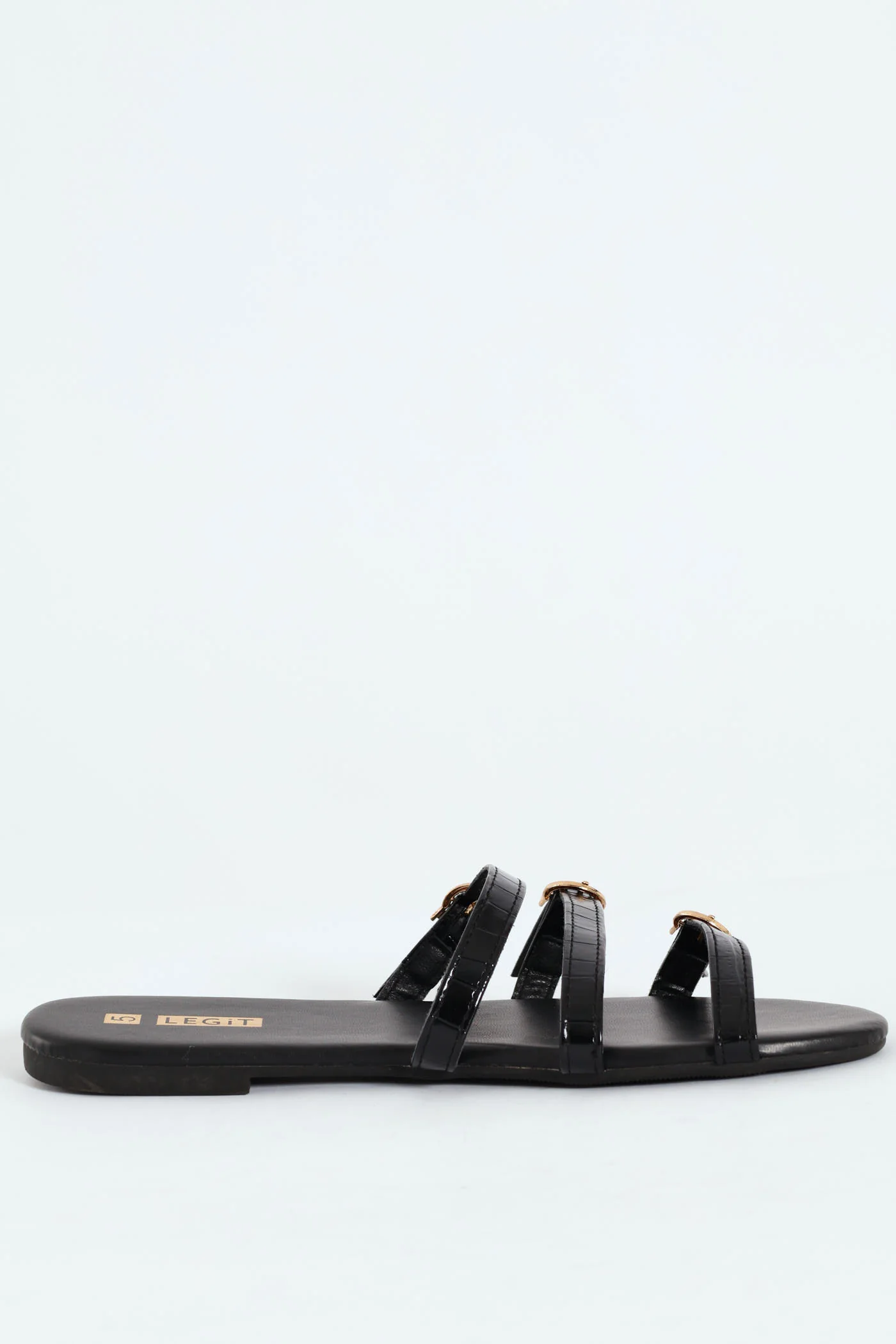 Flat Multistrap Buckle Croc Mule Sandal - Black - Image 3