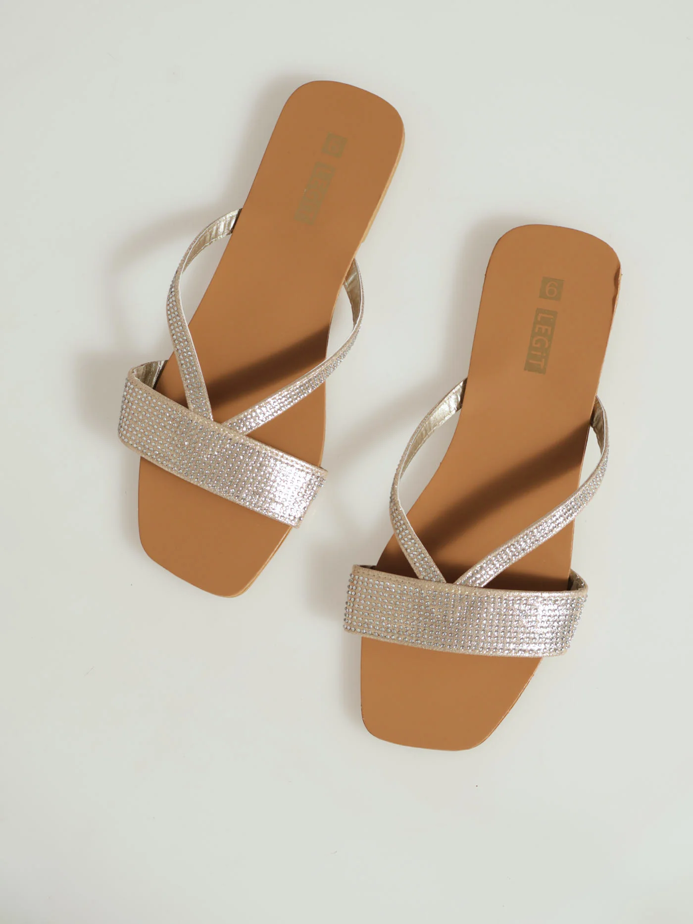 Flat Multistrap Diamante Push In Sandal - Champagne