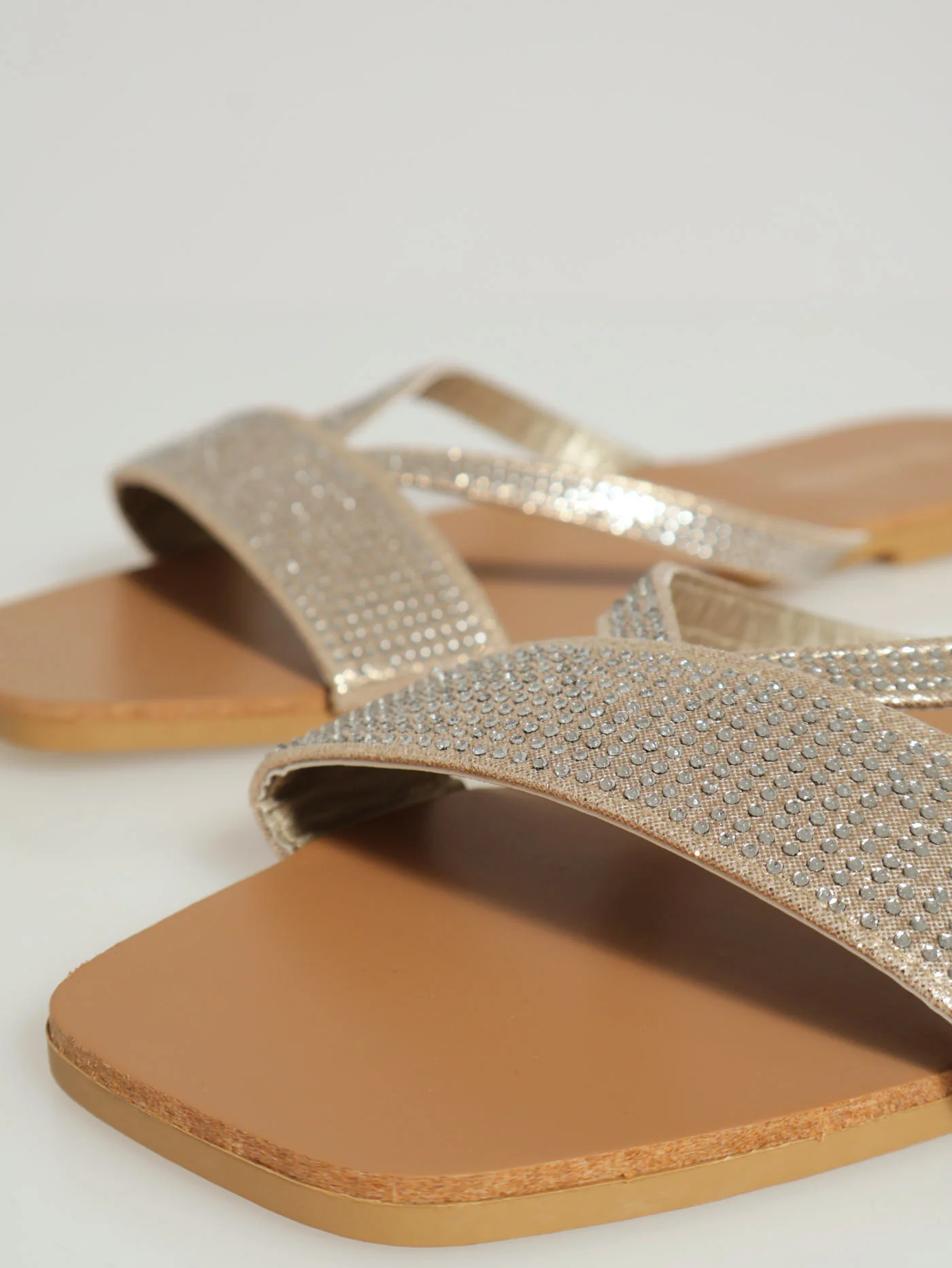 Flat Multistrap Diamante Push In Sandal - Champagne - Image 2