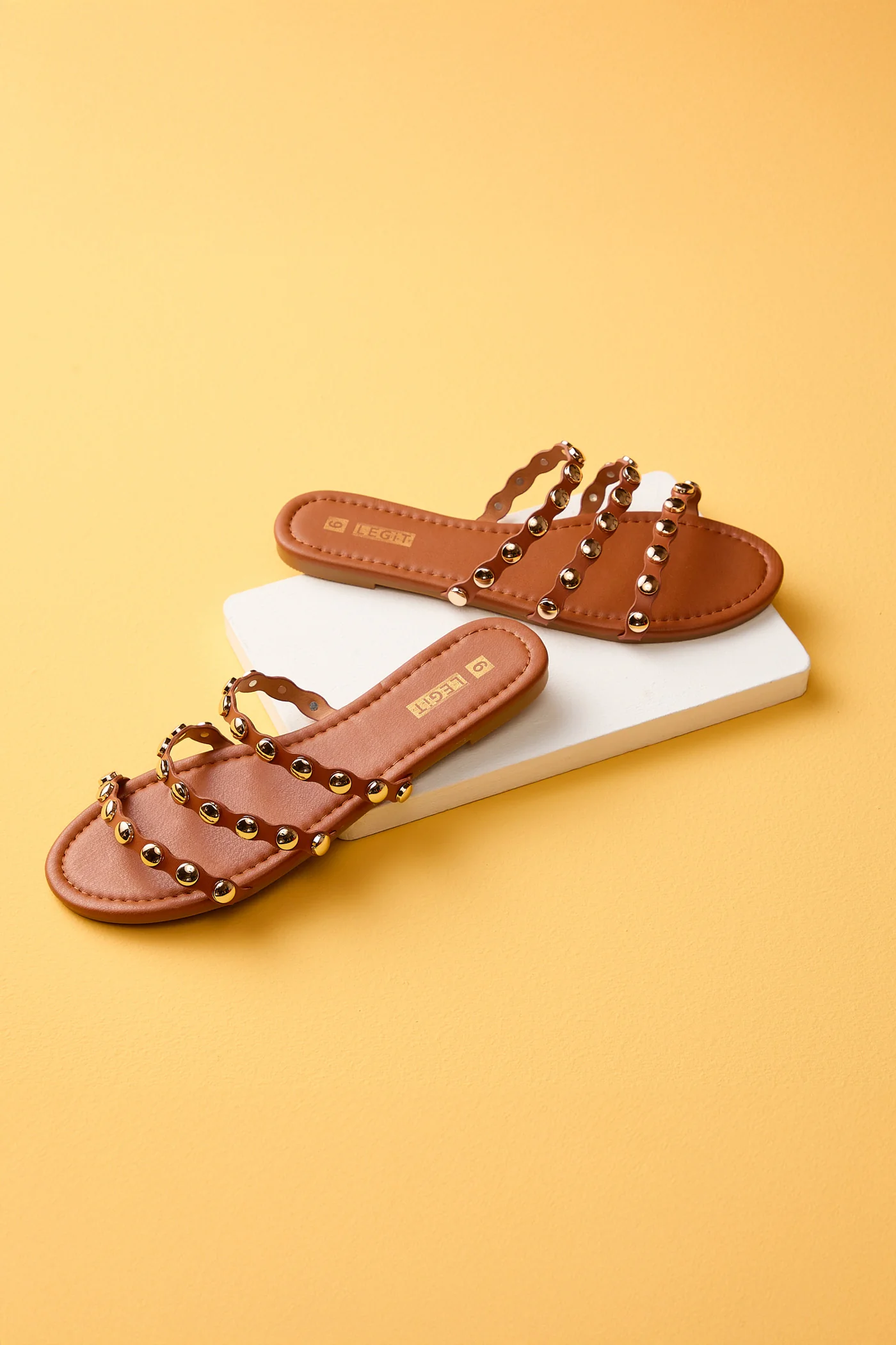 Flat Multistrap Gold Studded Mule Sandal - Tan