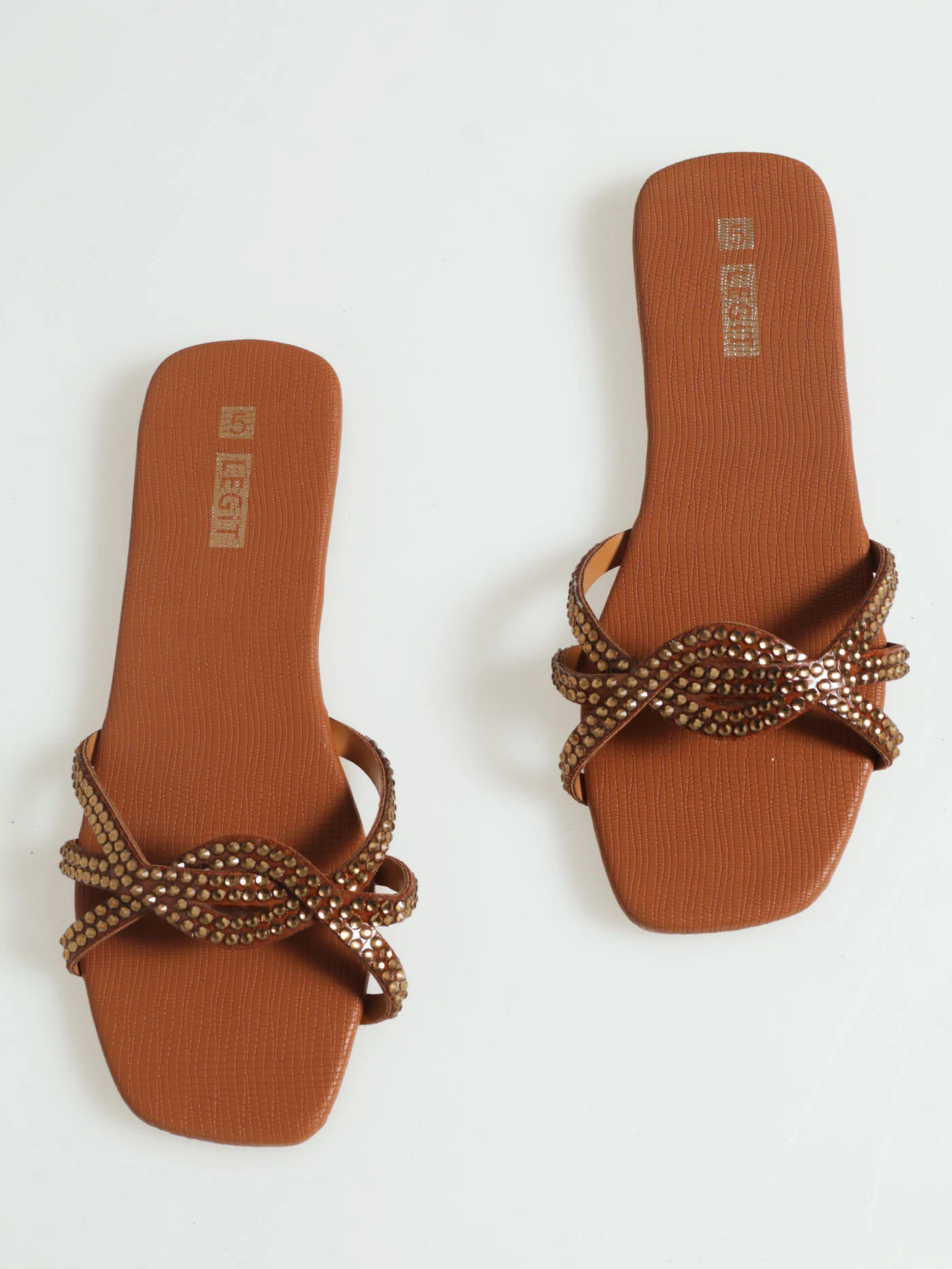 Flat Multistrap Interlinked Diamante Push In Sandal - Tan