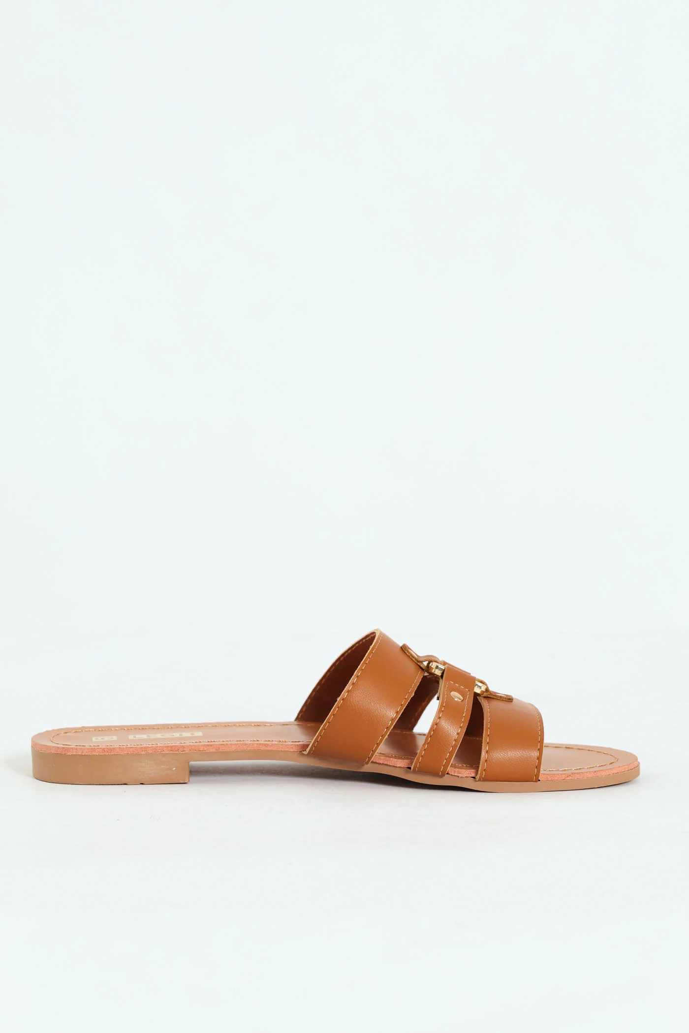 Flat Multistrap Mule Sandal With Centered Square Trim - Tan - Image 2
