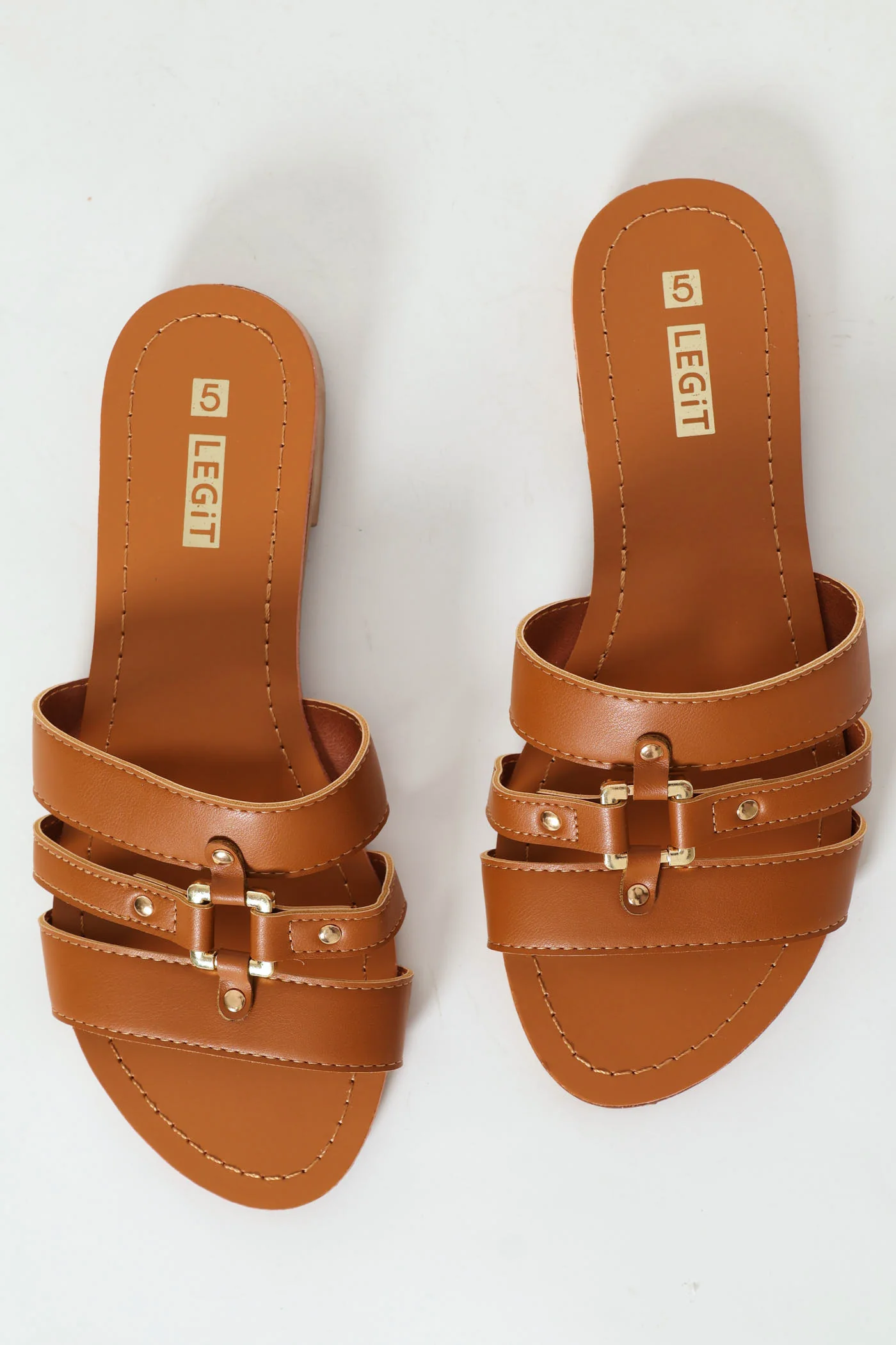 Flat Multistrap Mule Sandal With Centered Square Trim - Tan - Image 3
