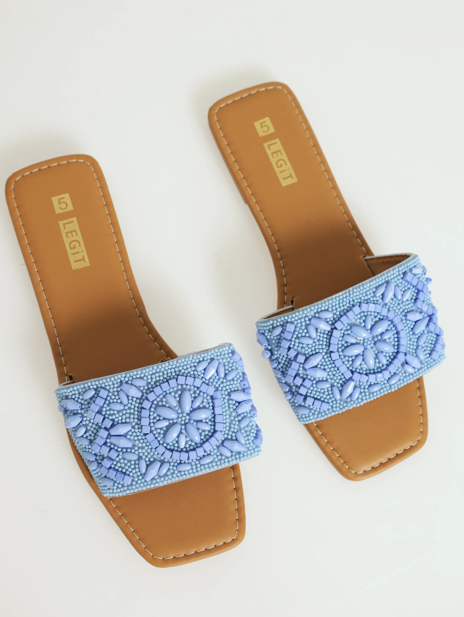 Flat One Strap Beaded Push In Mule Sandal - Periwinkle