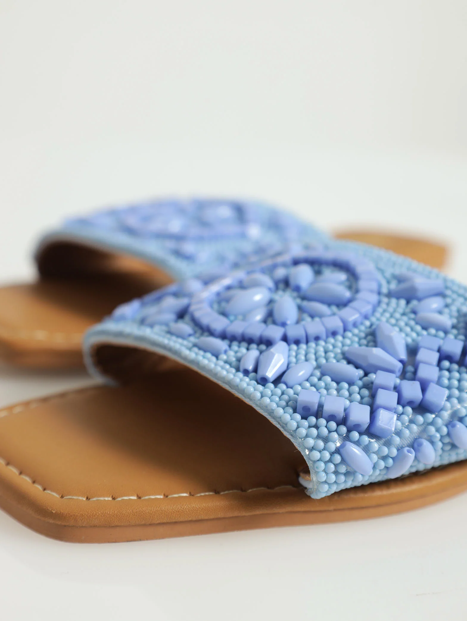 Flat One Strap Beaded Push In Mule Sandal - Periwinkle - Image 4