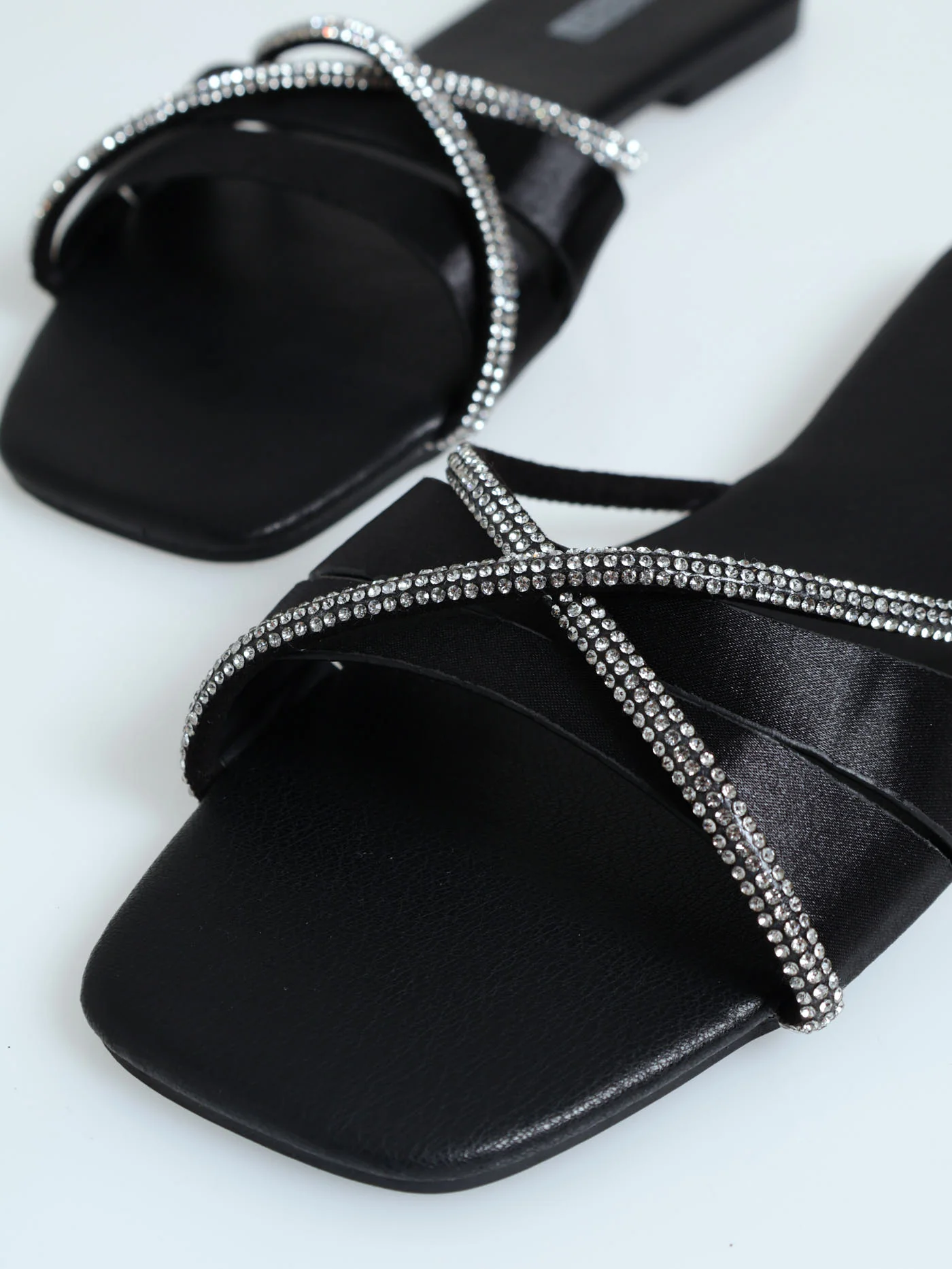 Flat One Strap Criss Cross Diamante Mule Sandal - Black - Image 2