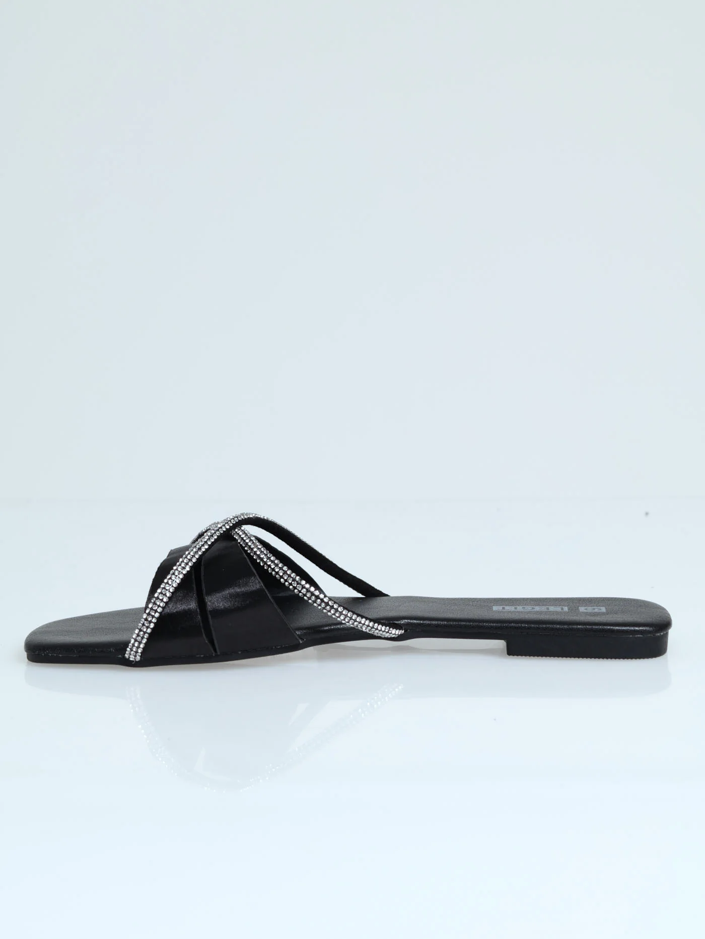 Flat One Strap Criss Cross Diamante Mule Sandal - Black - Image 3