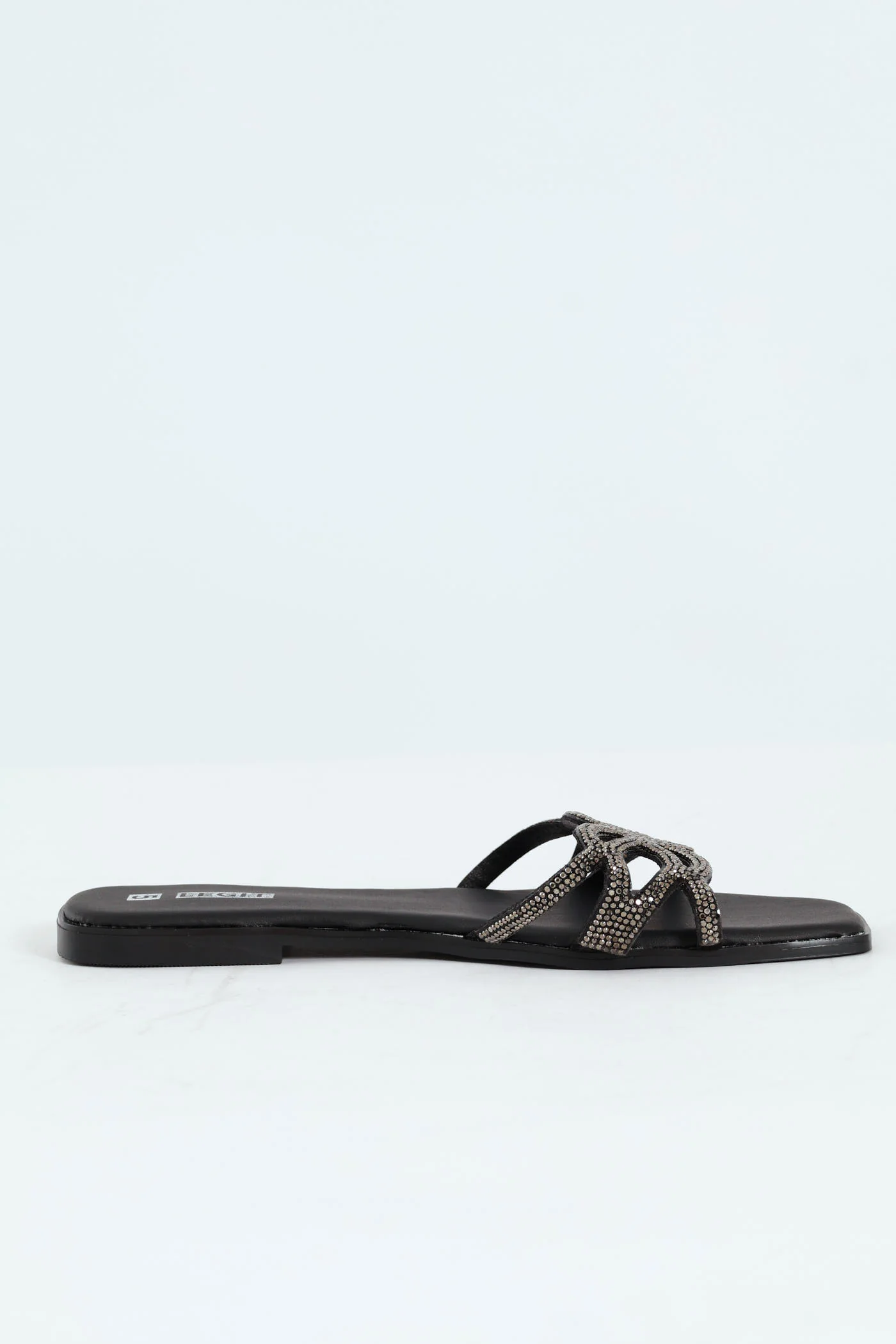 Flat One Strap Diamante Lazercut Mule Sandal - Black - Image 3