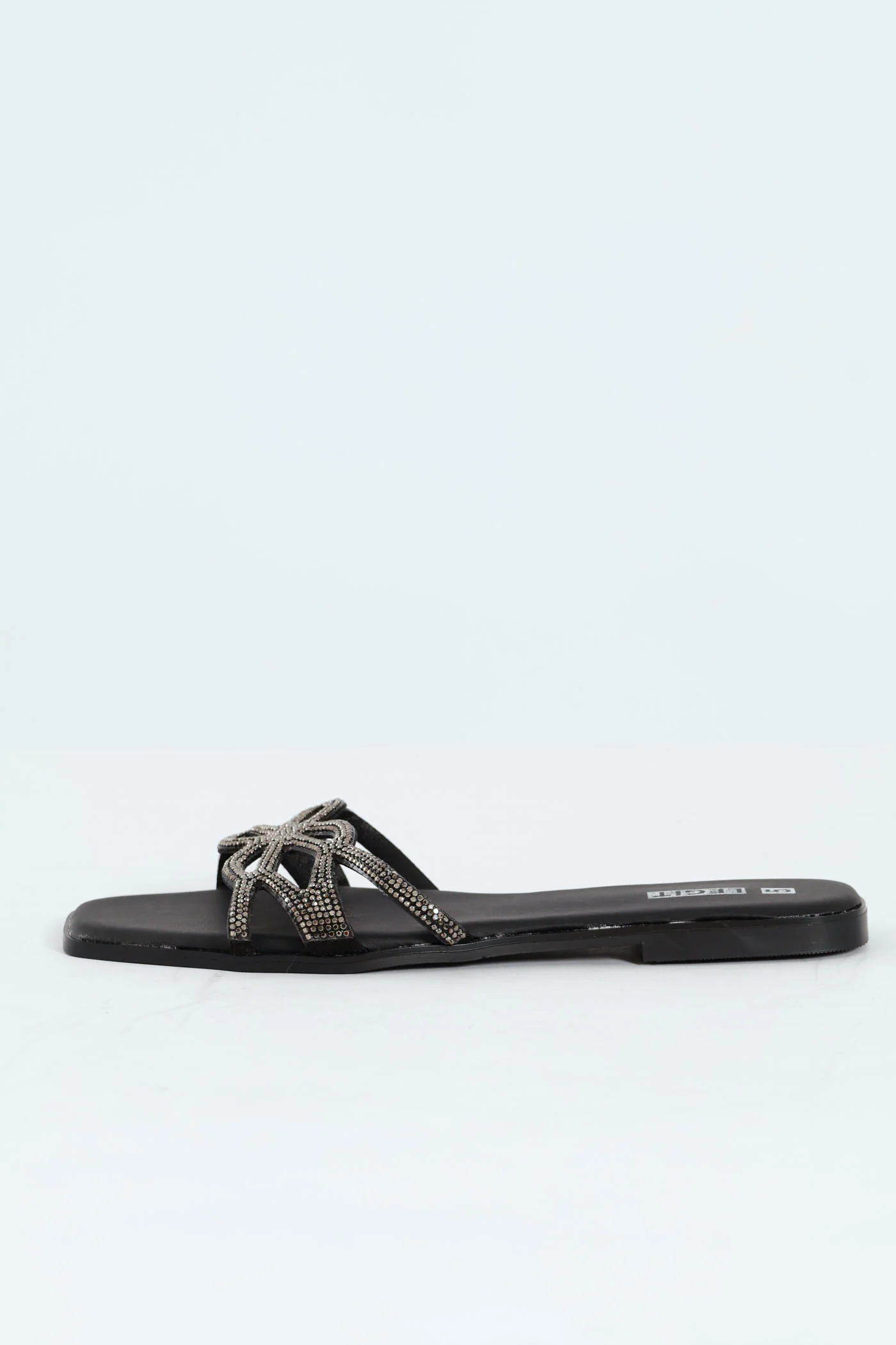 Flat One Strap Diamante Lazercut Mule Sandal - Black - Image 4