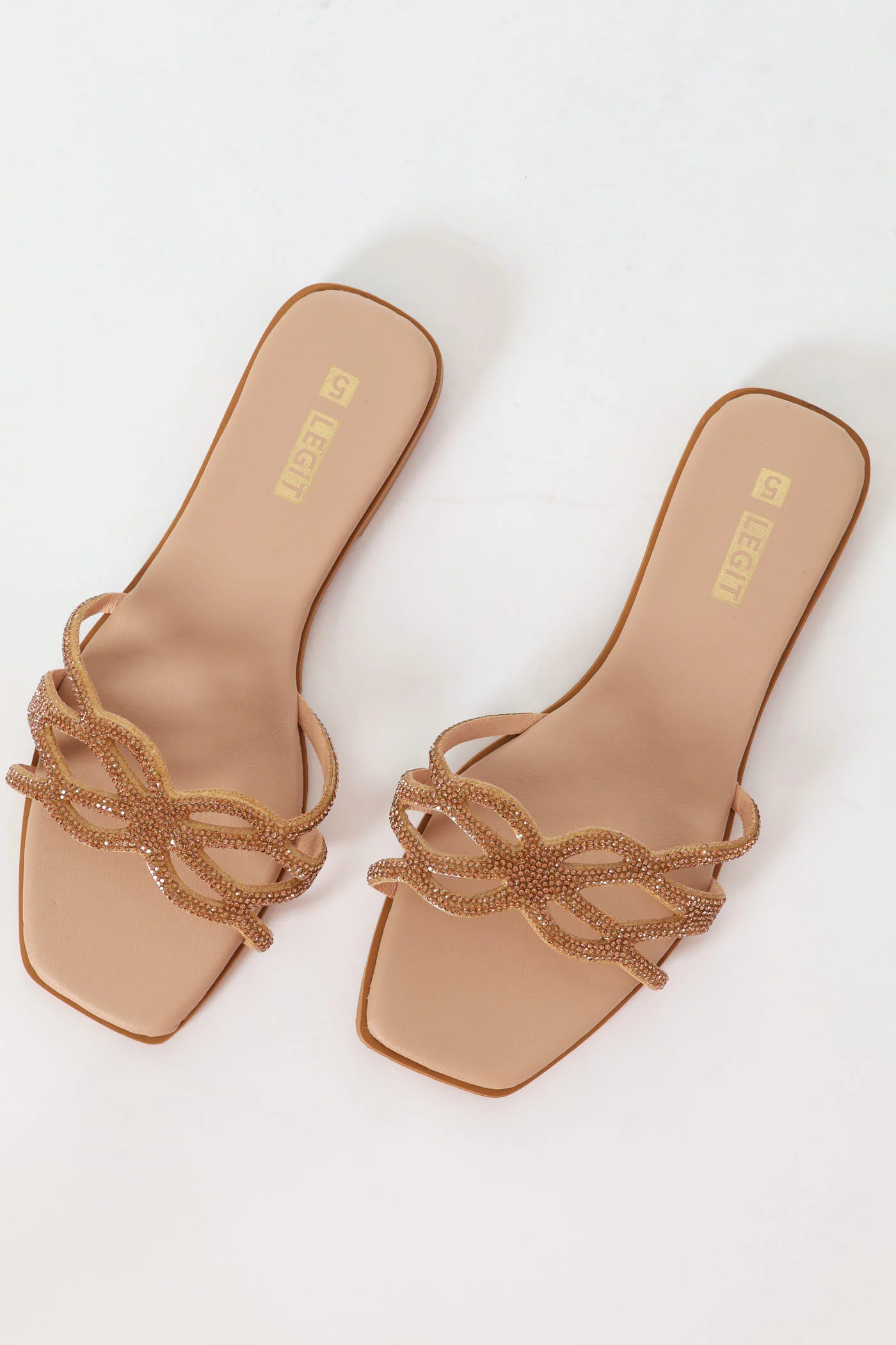 Flat One Strap Diamante Lazercut Mule Sandal - Gold