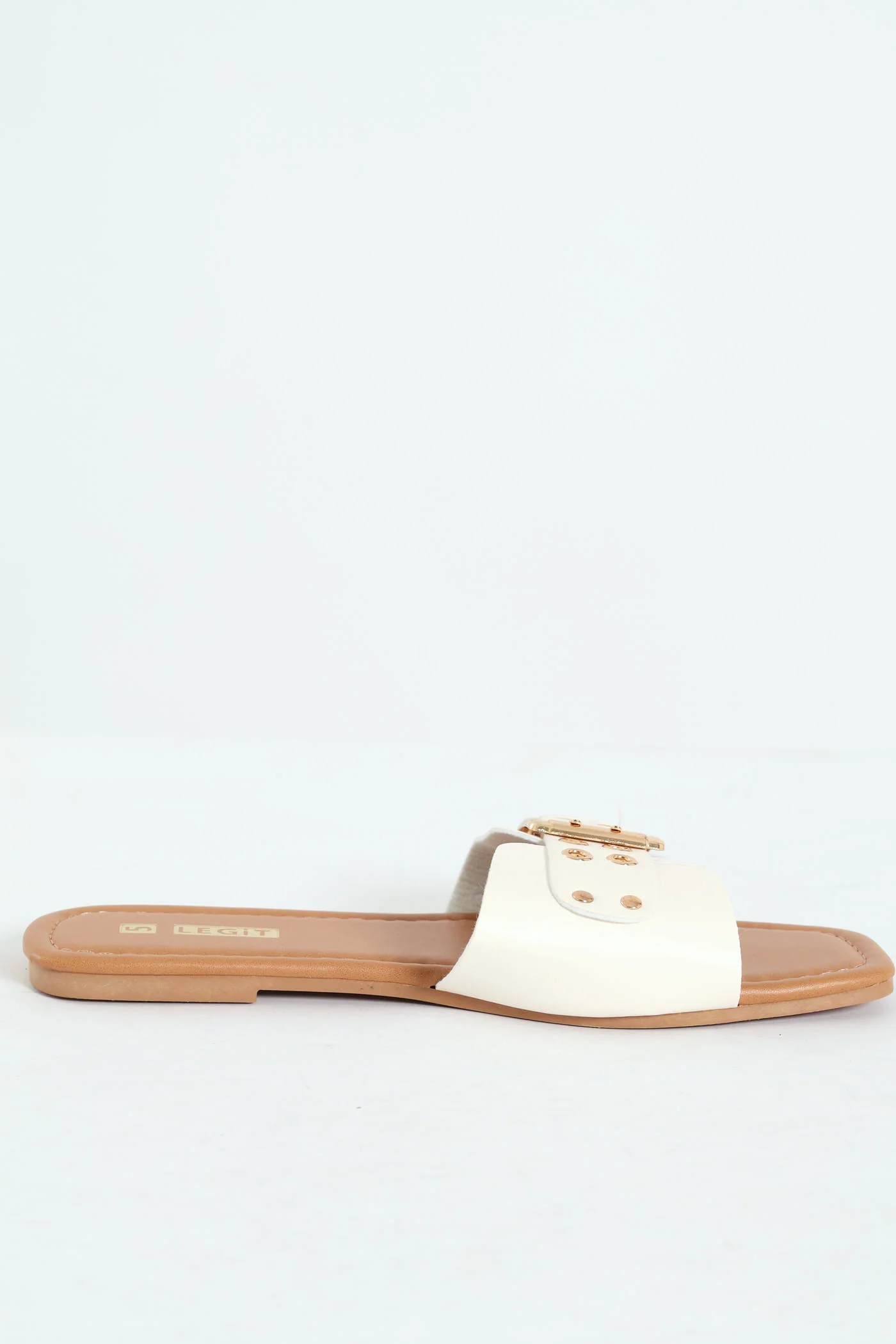 Flat One Strap Eyelets Buckle Mule Sandal - White - Image 3