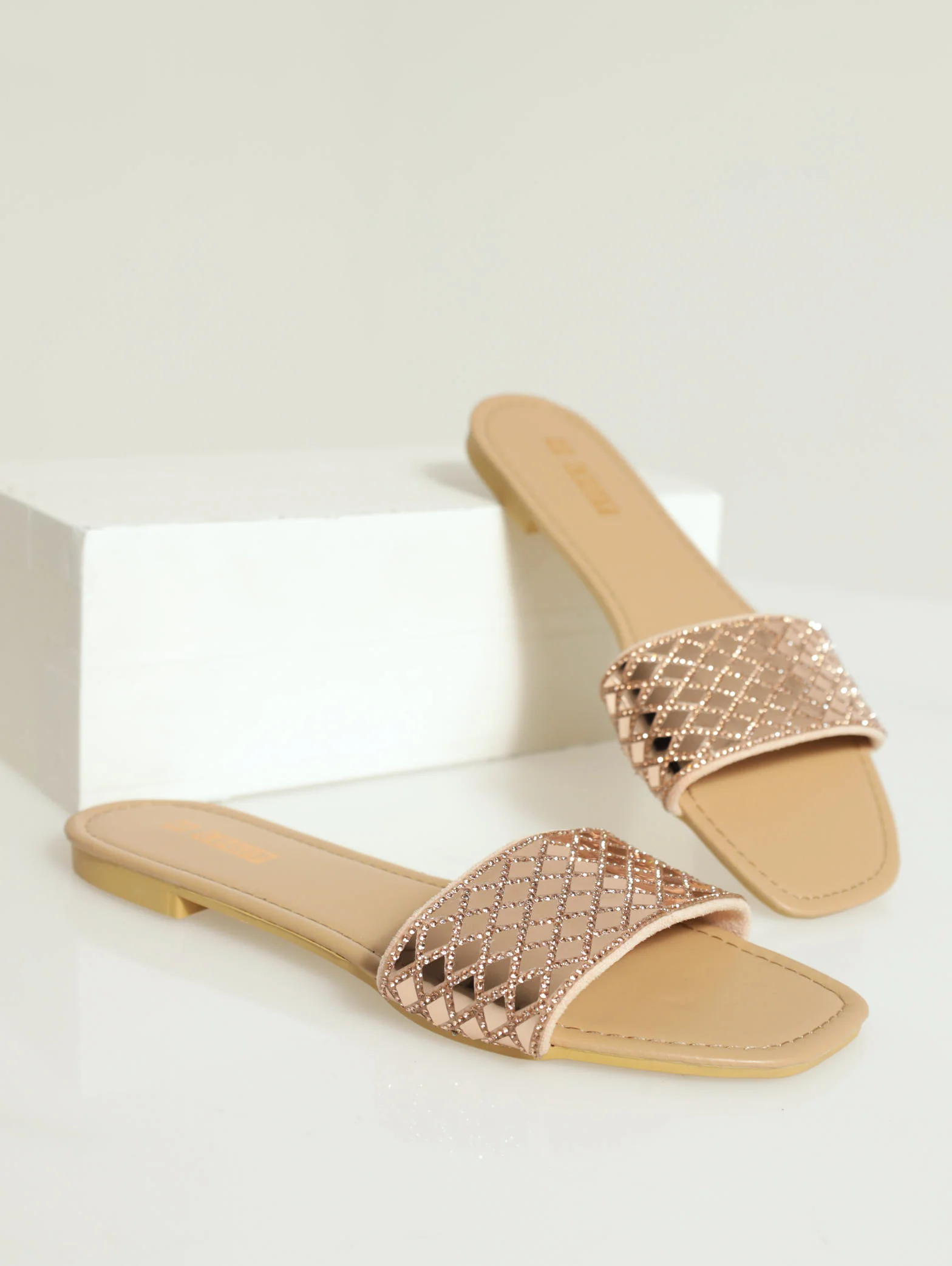Flat One Strap Mirror Embellished Mule