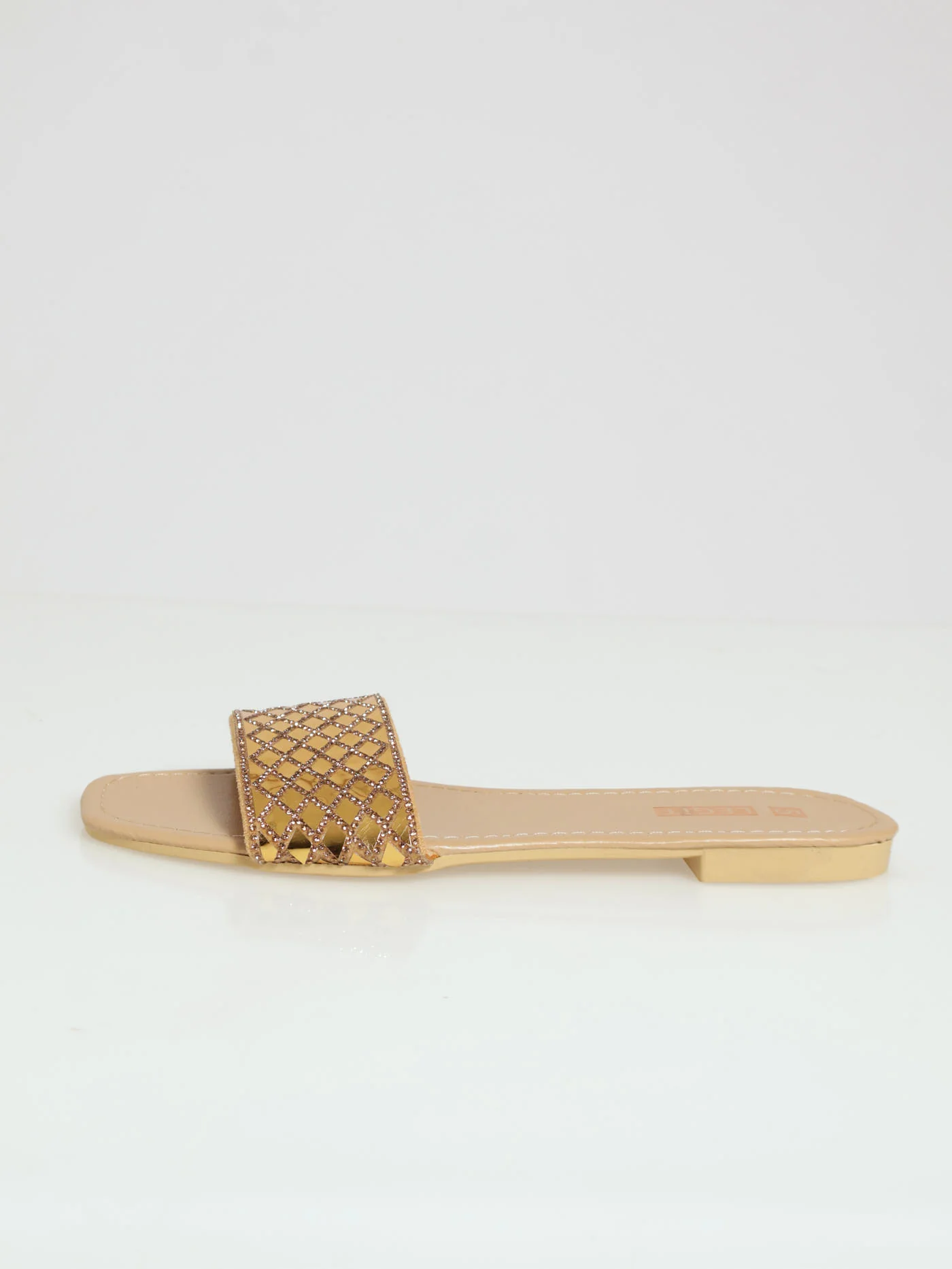 Flat One Strap Mirror Embellished Mule Sandal - Gold - Image 2
