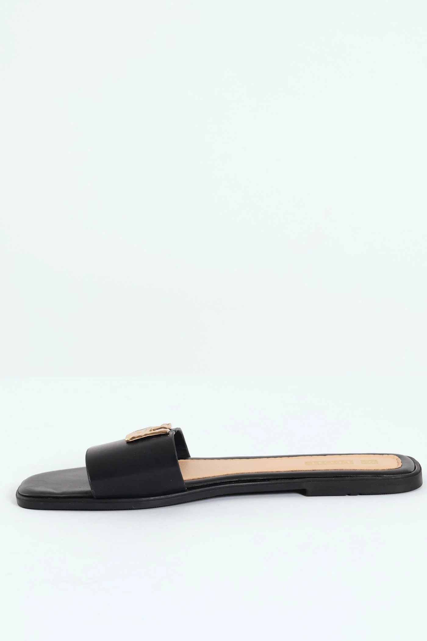 Flat One Strap Mule Sandal With Gold Crinkle U Trim - Black - Image 6