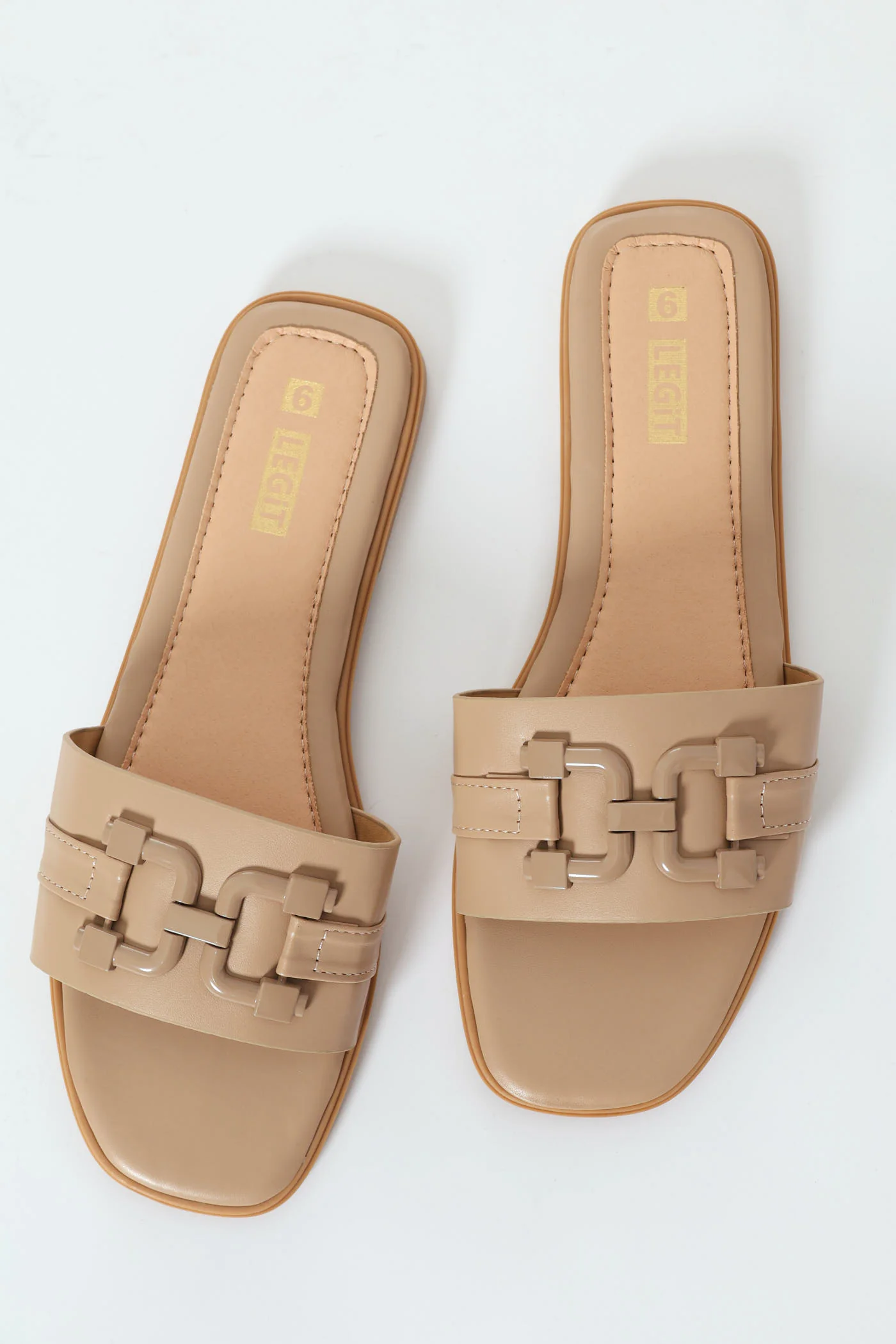 Flat One Strap Mule Sandal With Self Colour Link Trim - Taupe - Image 4