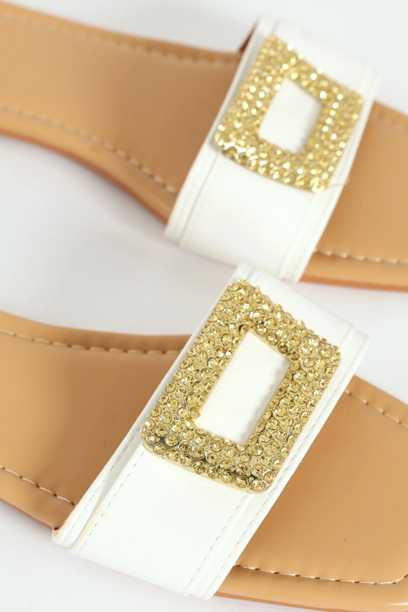 Flat One Strap Mule Sandal With Square Diamante Trim - White - Image 4